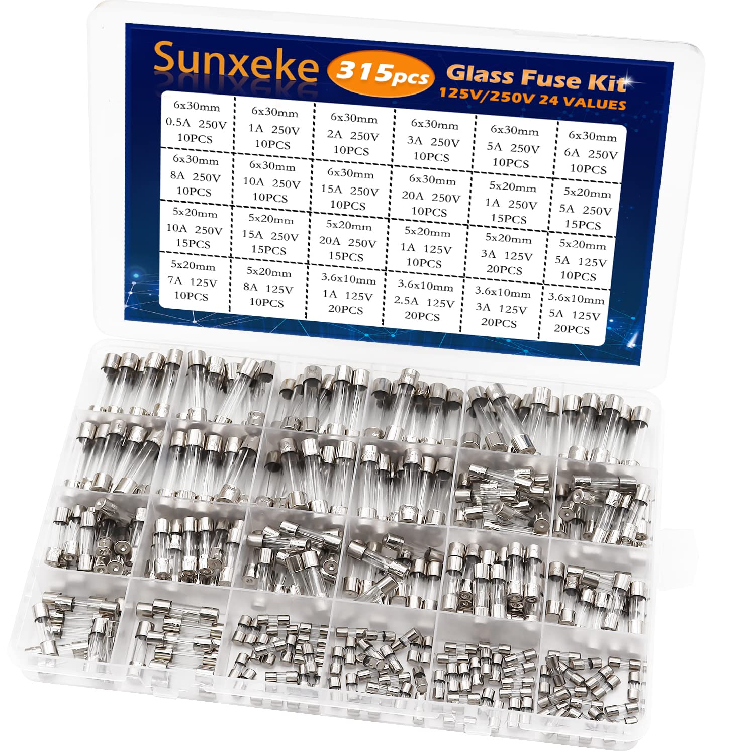 250V Fast Blow Glass Fuses Assortment Kit 24 Values 0.5A 1A 2A 3A 4A 5A 6A 7A 8A 10A 15A 20A 5X20MM 6X30MM 250 Volt Quick Tube Fuse Set