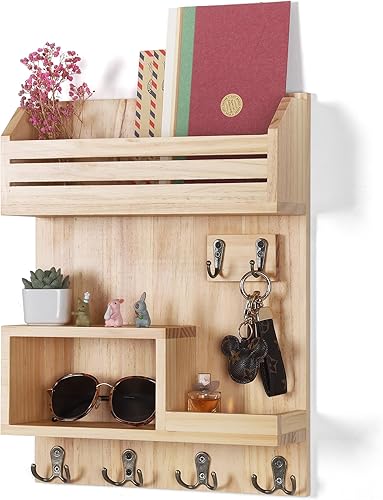 Soporte para llaves de pared, organizador de correo montado en la pared con 6 ganchos de metal para llaves, estantes para decoración de entrada del