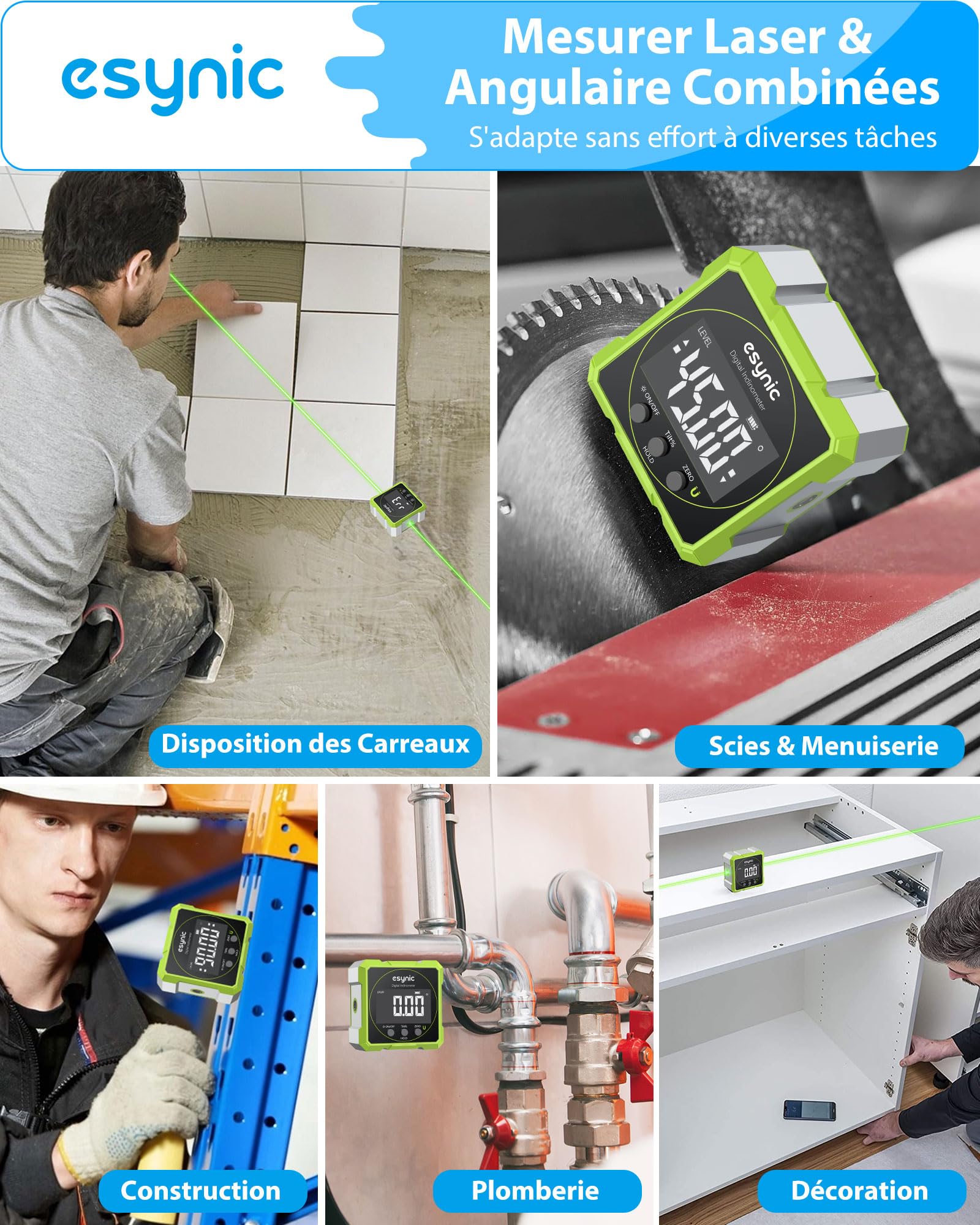 eSynic Inclinomètre Numérique avec Laser Vert 4 Faces Magnétiques Écran LCD VA Mesureur d'Angle Numérique 4*90° Réversible Réinitialisable Étanche IP54 Inclinomètre Magnétique pour Menuiserie Bâtiment