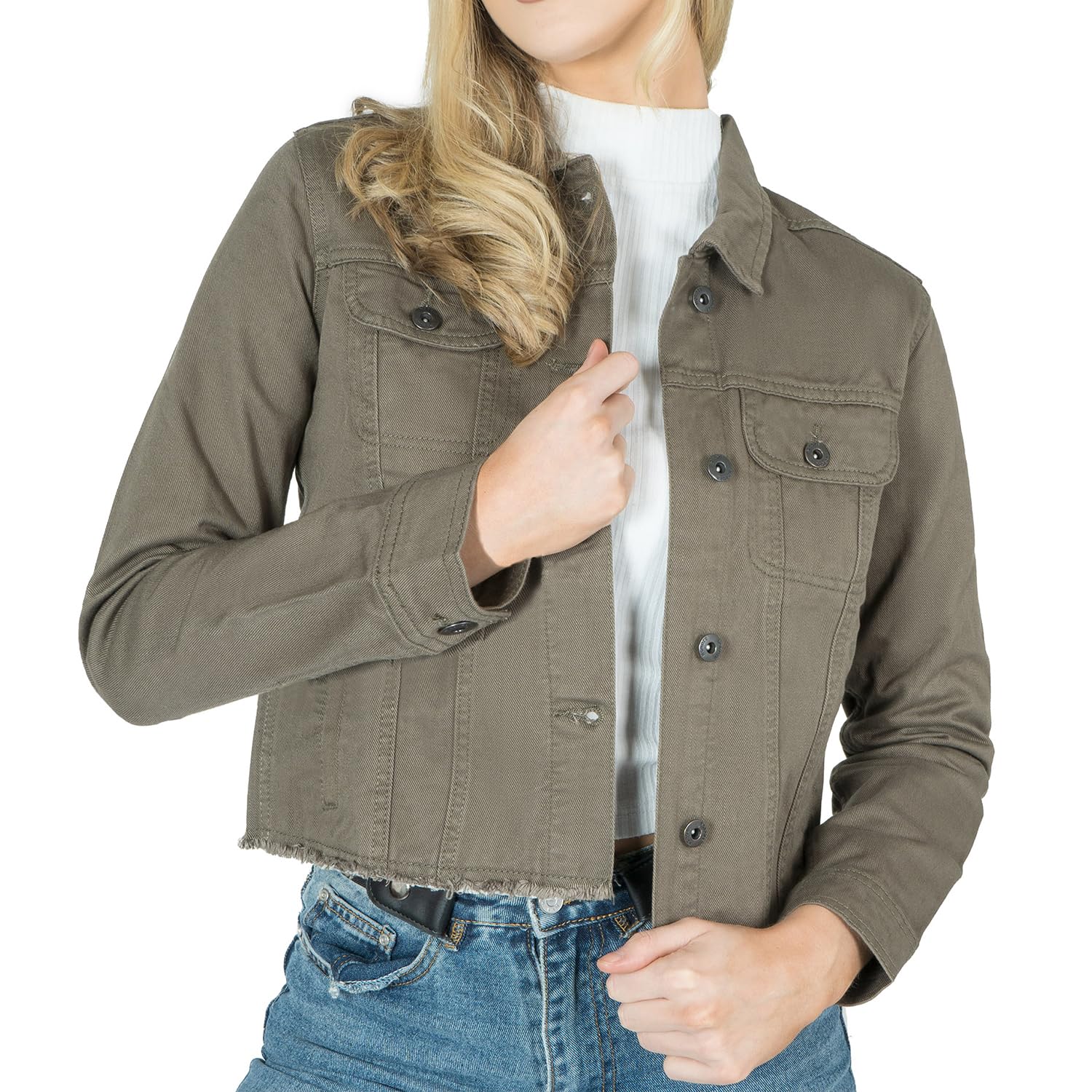 Noroze Women's Khaki Denim Jacket Cropped Denim Jacket Ripped Self Fabric Distressed Hem Casual Jean Coat (12, )