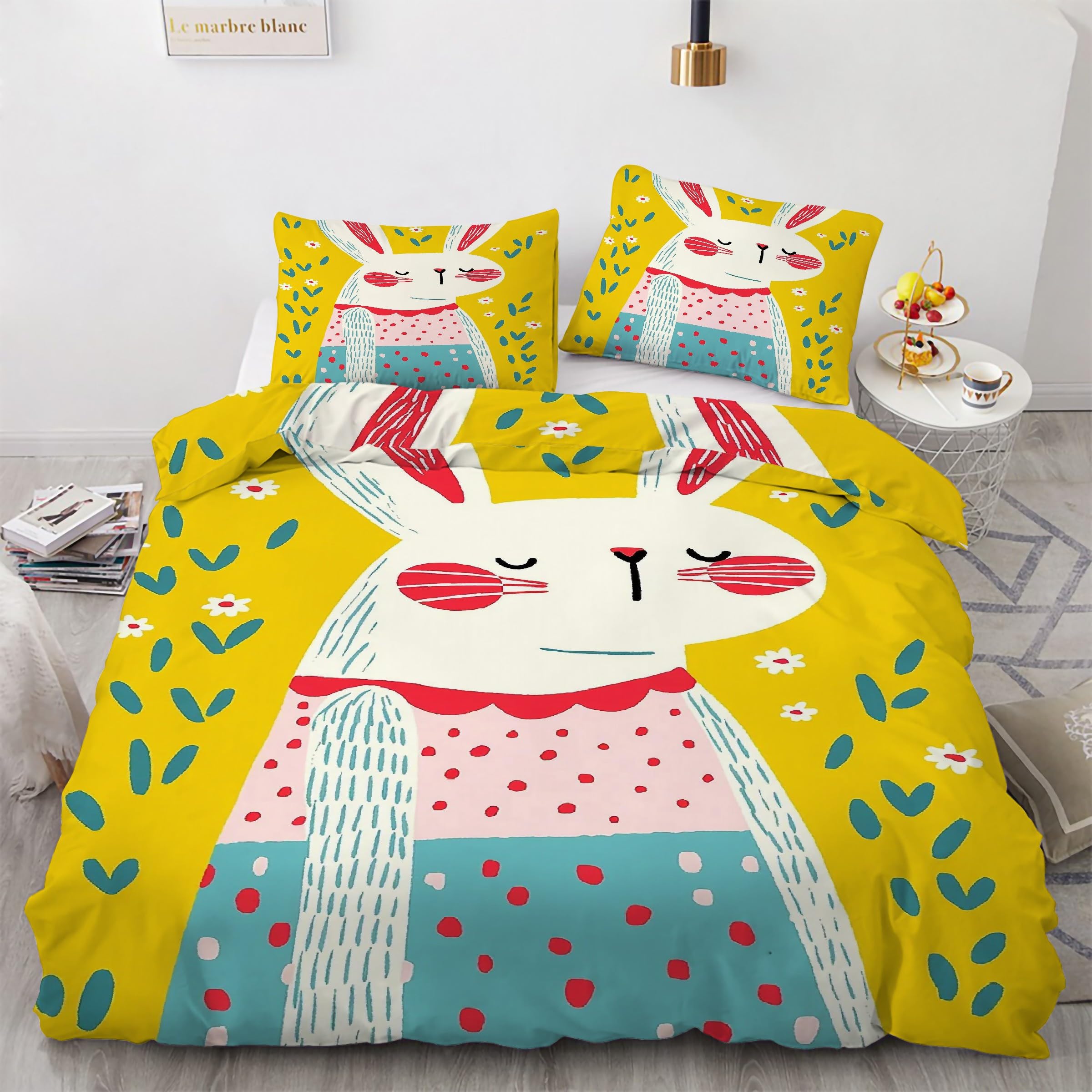 Housse de couette 160x200 lapin et sa parure de lit 3 pièces en microfibre douce avec fermeture