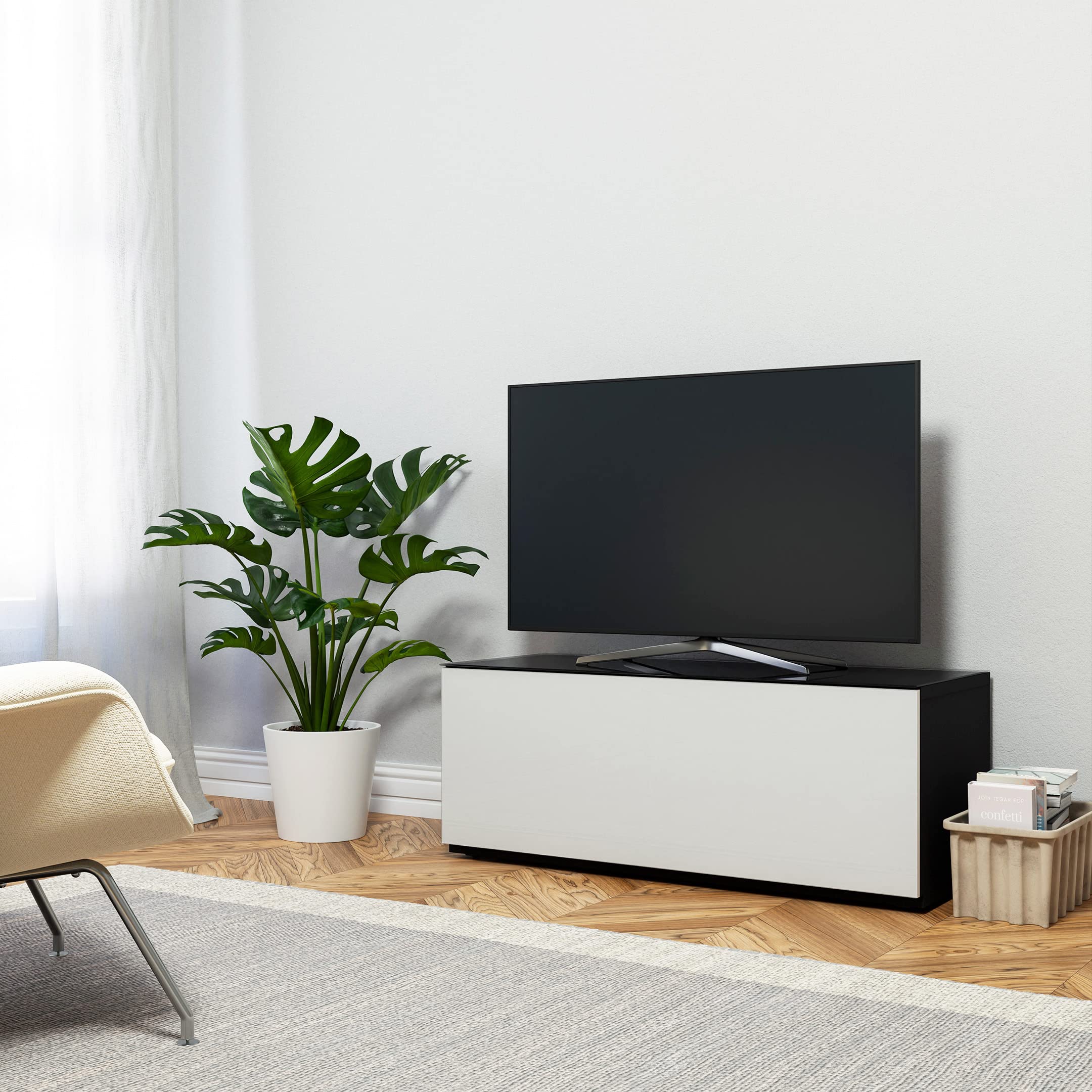 SONOROUS ST-110 Premium TV Stand with Black Glass &amp; White Wood Cover – Modern Entertainment Center &amp; Media Console for Living Room – TV Cabinet up to 65 Inch with Hidden Wheels – Sleek Storage Design