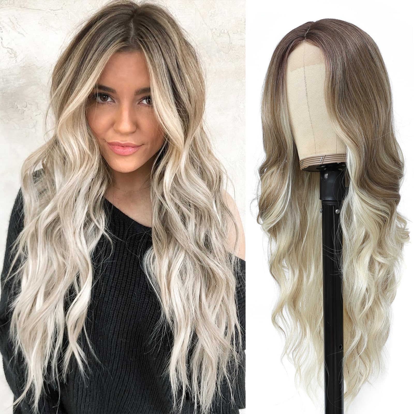 YESEGOLong Ombre Blonde Wig for Women 26 Inch Middle Part Curly Wavy Wig Natural Looking Synthetic Heat Resistant Fiber Wig for Daily Party Use, Ombre Blonde
