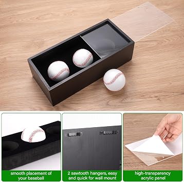 Baseball Display Case, Baseball Holder Display Case for 3 Balls, with Acrylic Dust UV Protection Cover, Wall Mount Shadow Box for Autographed Balls, Memorabilia Display Case for Baseball Collector