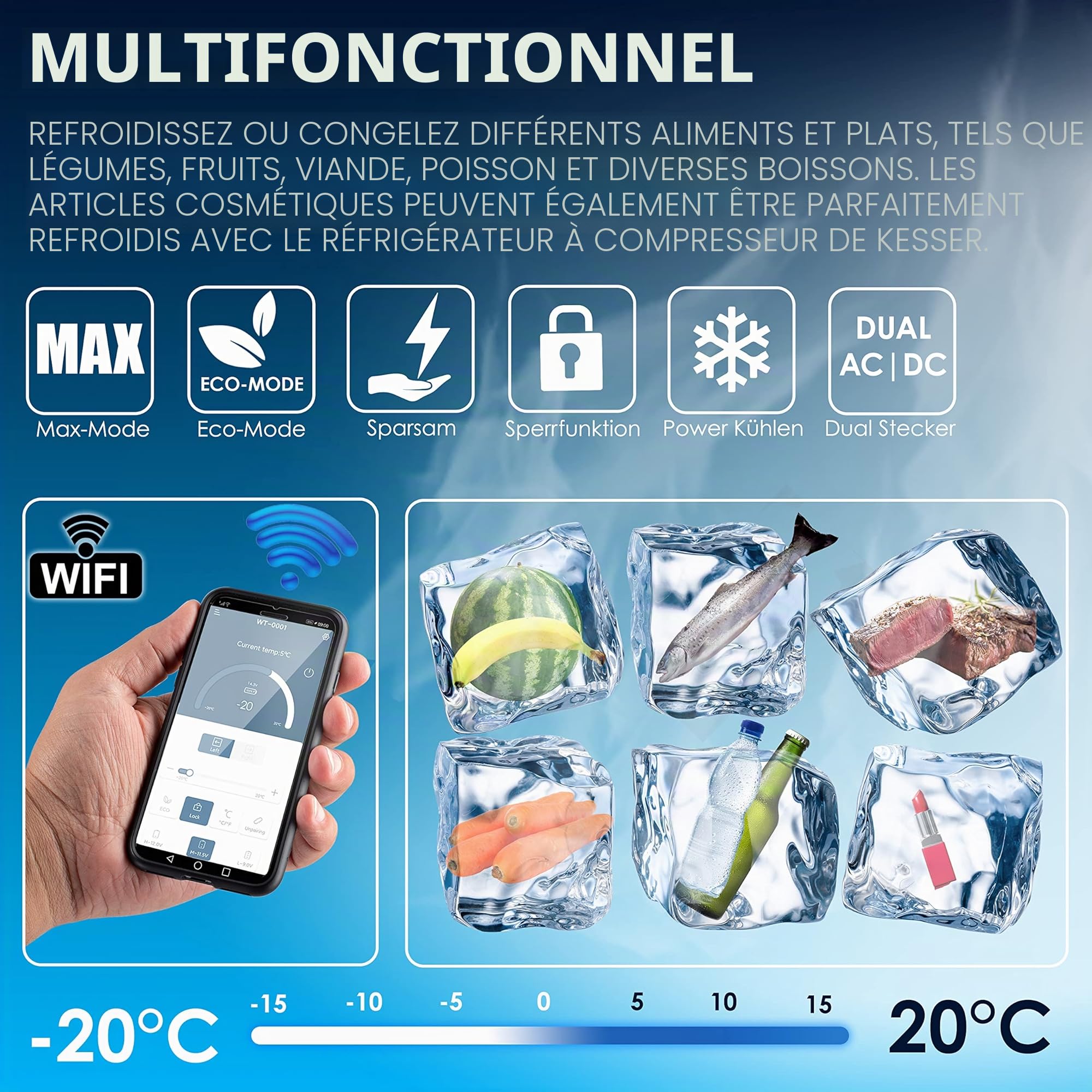 KESSER® 50 litres Glacière à compresseur électrique Glacière de congélation, avec Commande APP Raccordement USB, Réfrigérateur jusqu'à -20° pour Voiture, Camion, Bateau, Camping-Car
