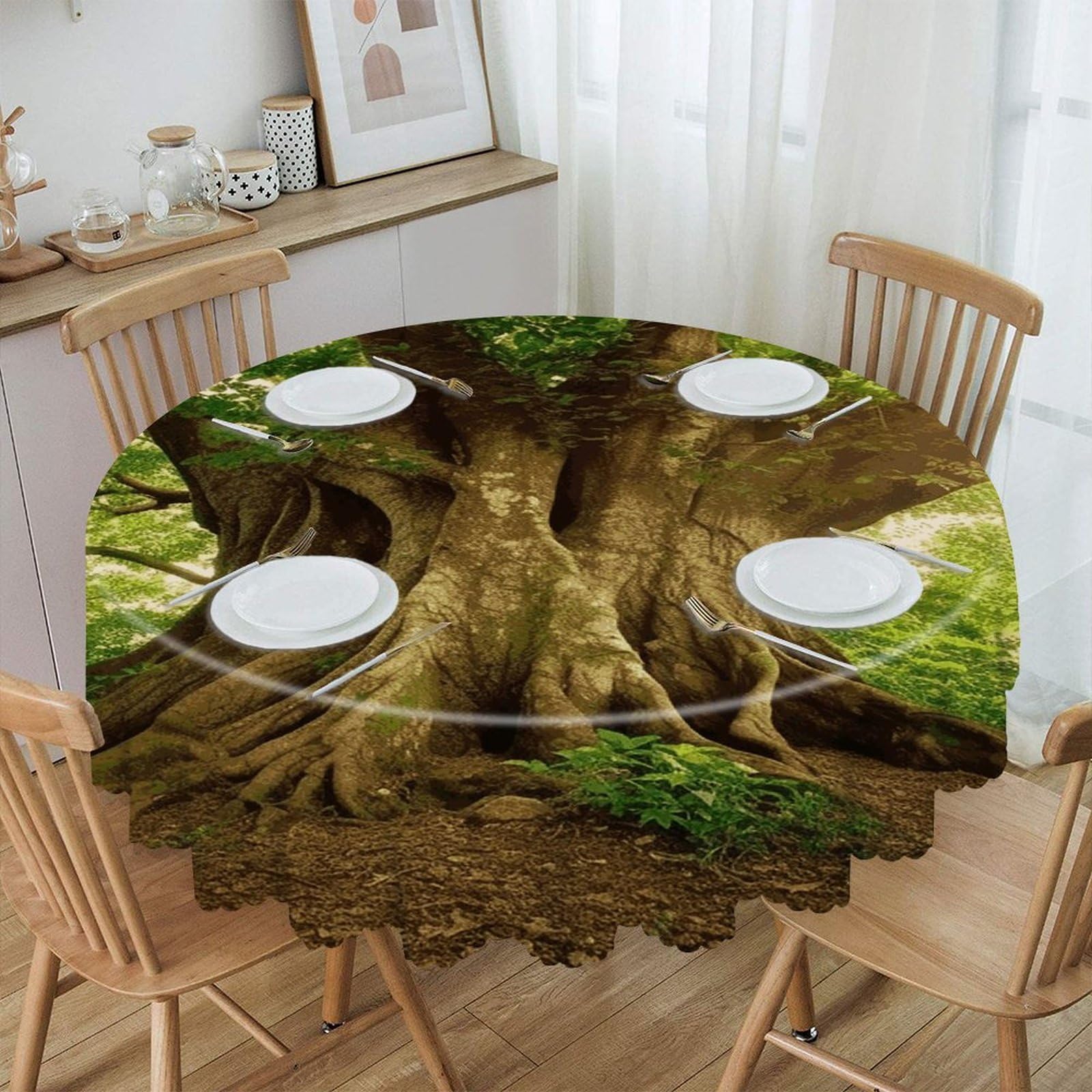 VstaDank Thick Tree Round Tablecloth 60 Inch Easy to Clean Circle Table Cover Thick Decorative Round Polyester Table Cloth for Dining Kitchen Party Farmhouse Outdoor