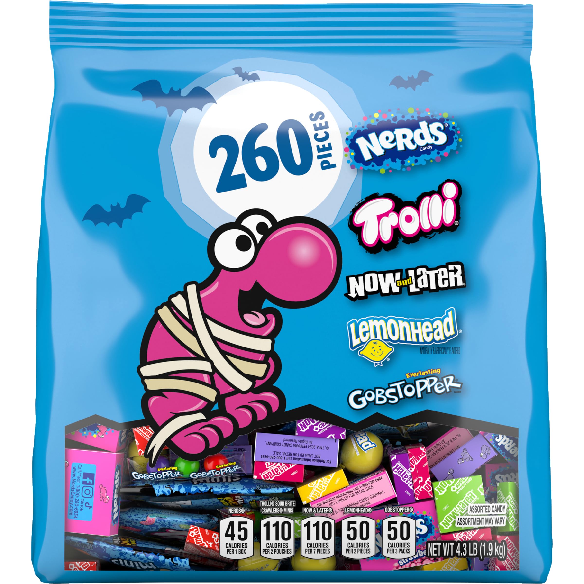 Halloween Candy Classic Fun Trick-or-Treat Assortment with Nerds, Trolli, Now and Later, Lemonhead, Gobstoppers, 260 Pieces, 69.3 Ounces, Variety Bag