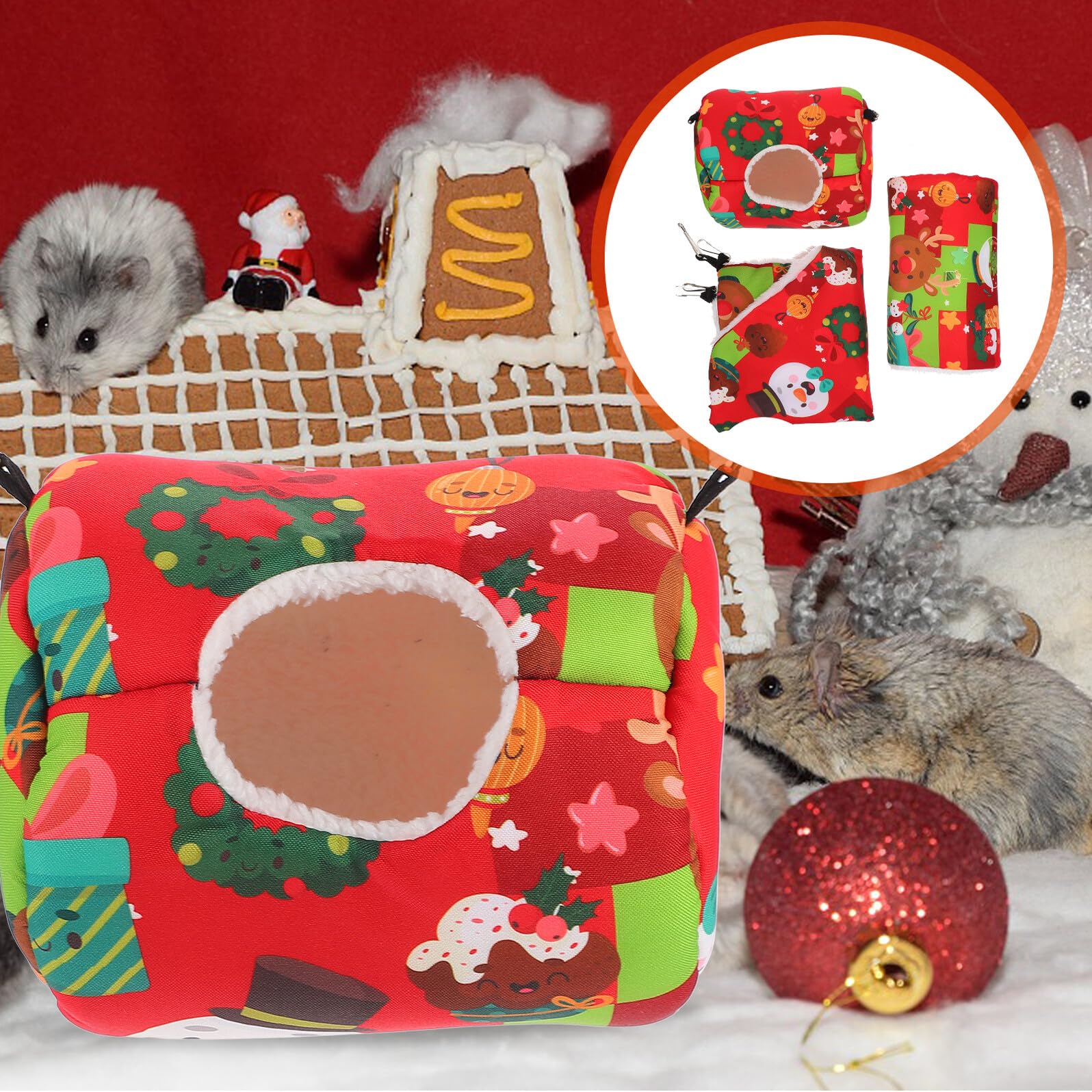 3 Stück Weihnachts Hängematten für Hamster aus Robustem Material Winter Warmnest mit Tunnel Kleines Haustier Schlafbett In Leuchtendem Rot