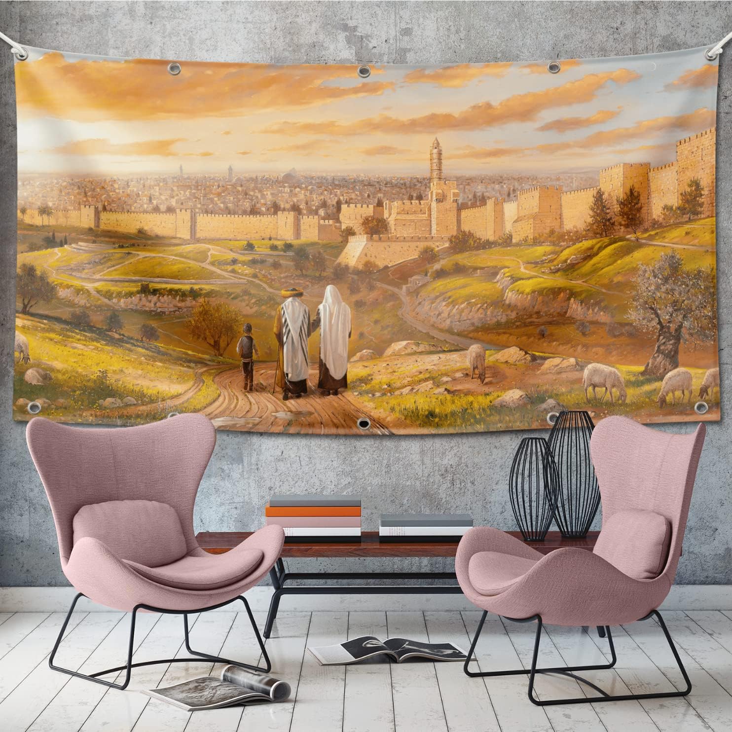 | Jerusalem Panorama Sukkah Banner | Large Outdoor Fabric Sukkot Decoration 60" x 120"