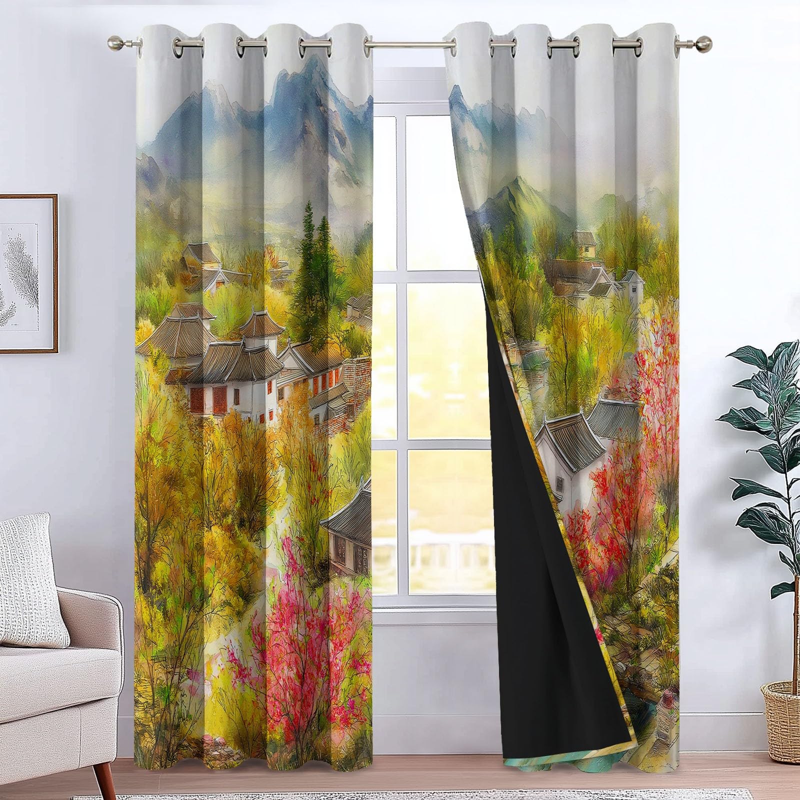 Rideau Occultant Imprimé Peinture à L'huile, Rideaux à Œillets Nuage Rural Oriental Décoration Moderne pour Enfant Ado Adultes - Rideaux (Lot de 2) 91.5L X 214H cm pour Chambre à Coucher et Salon
