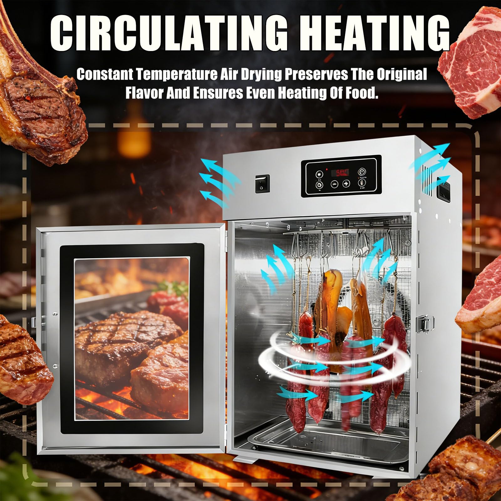 360° Drehbarer Fleischtrockner, Reifeschrank Für Fleisch, Mit 14 Haken, Temperaturregelung Von 30-90℃ / 24-Stunden-Timer, Edelstahl, Für Trockenfleisch, Speck, Würstchen