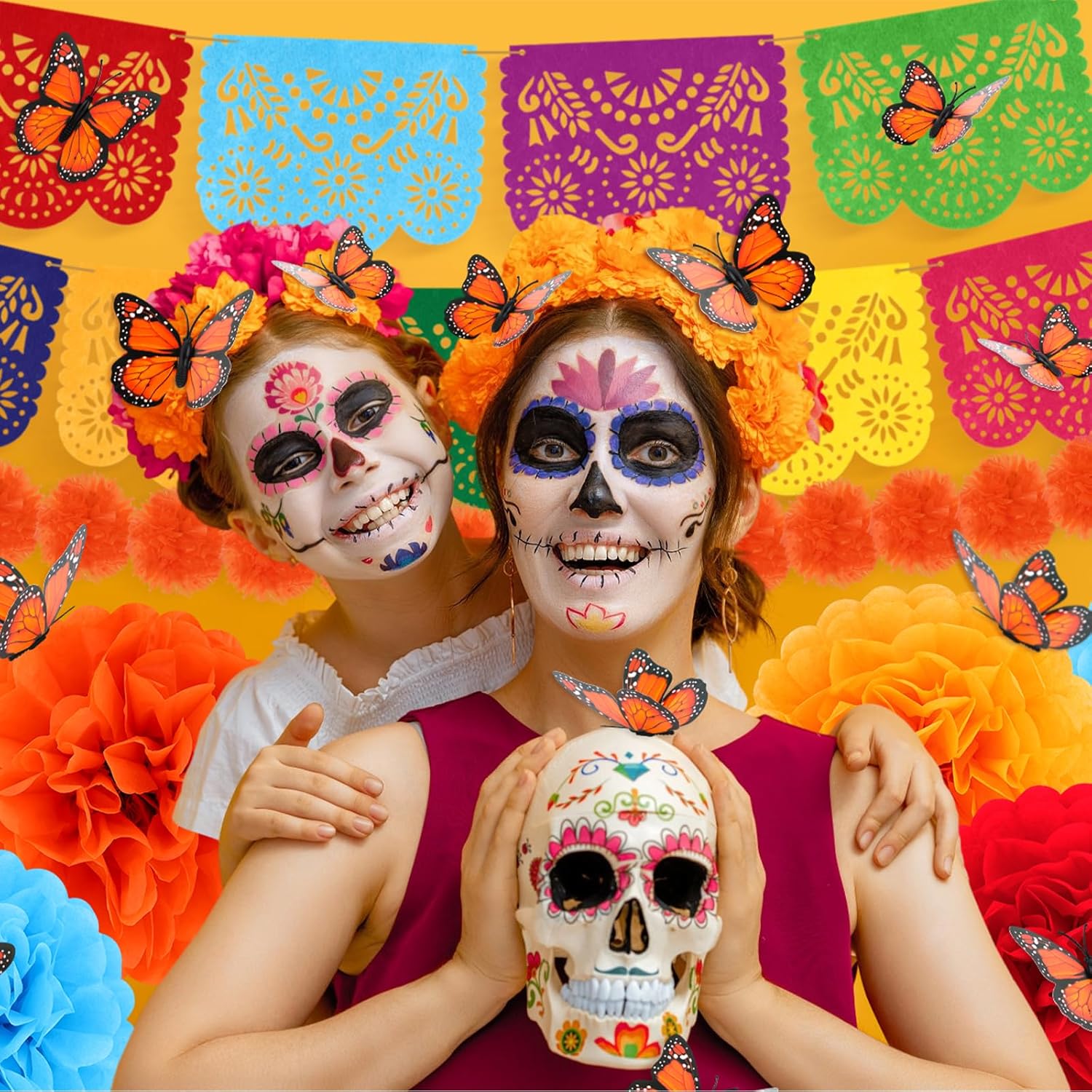 87 Pcs Day of The Dead Decorations, Dia De Los Muertos Decor 50 Marigold Flowers,Marigold Garlands,Mexican Party Banner,Table Runner,8 Paper Flowers,24 Monarch Butterflies Altar Decor for Diwali Party