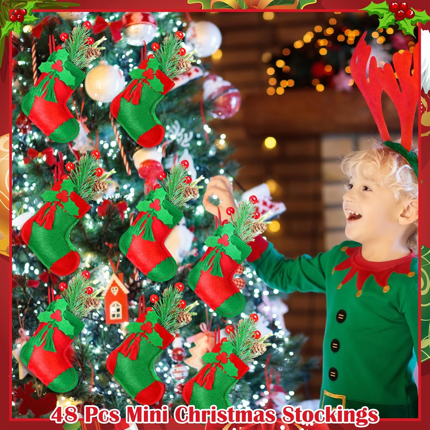 Geyoga 48 Pcs Red and Green Mini Christmas Stockings Bulk 5 Inches Holly Berry Mini Gift Stockings Fireplace Hanging Stocks Small Felt Elf Christmas Stocks Ornaments Decor for Xmas Tree Fireplace