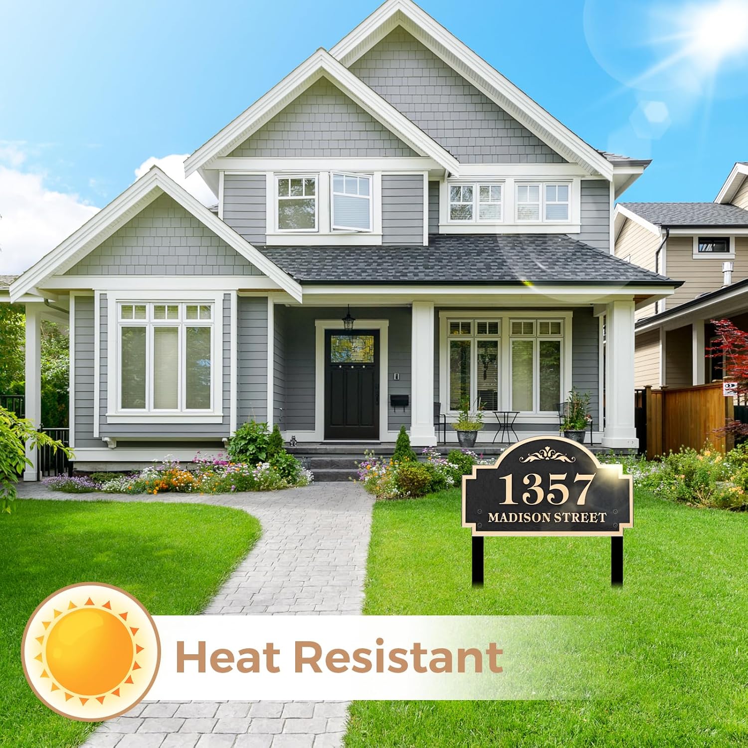 Lawn Address Sign Plaque - Personalized House Number Plaque Sign,Address Numbers for House,Engraved Metal & Large Option Make Your House Standing Out (Stakes Included) 12'' x 6.93''