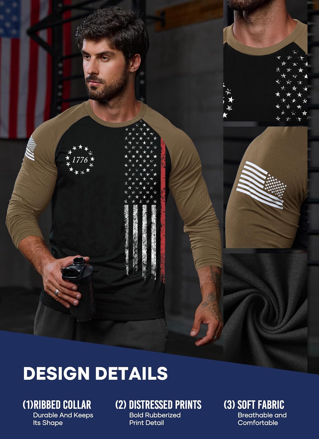 Mainfini Men's American Flag Raglan T-Shirt Patriotic Long Sleeve Muscle Tshirt (S-3XL) - Image 6