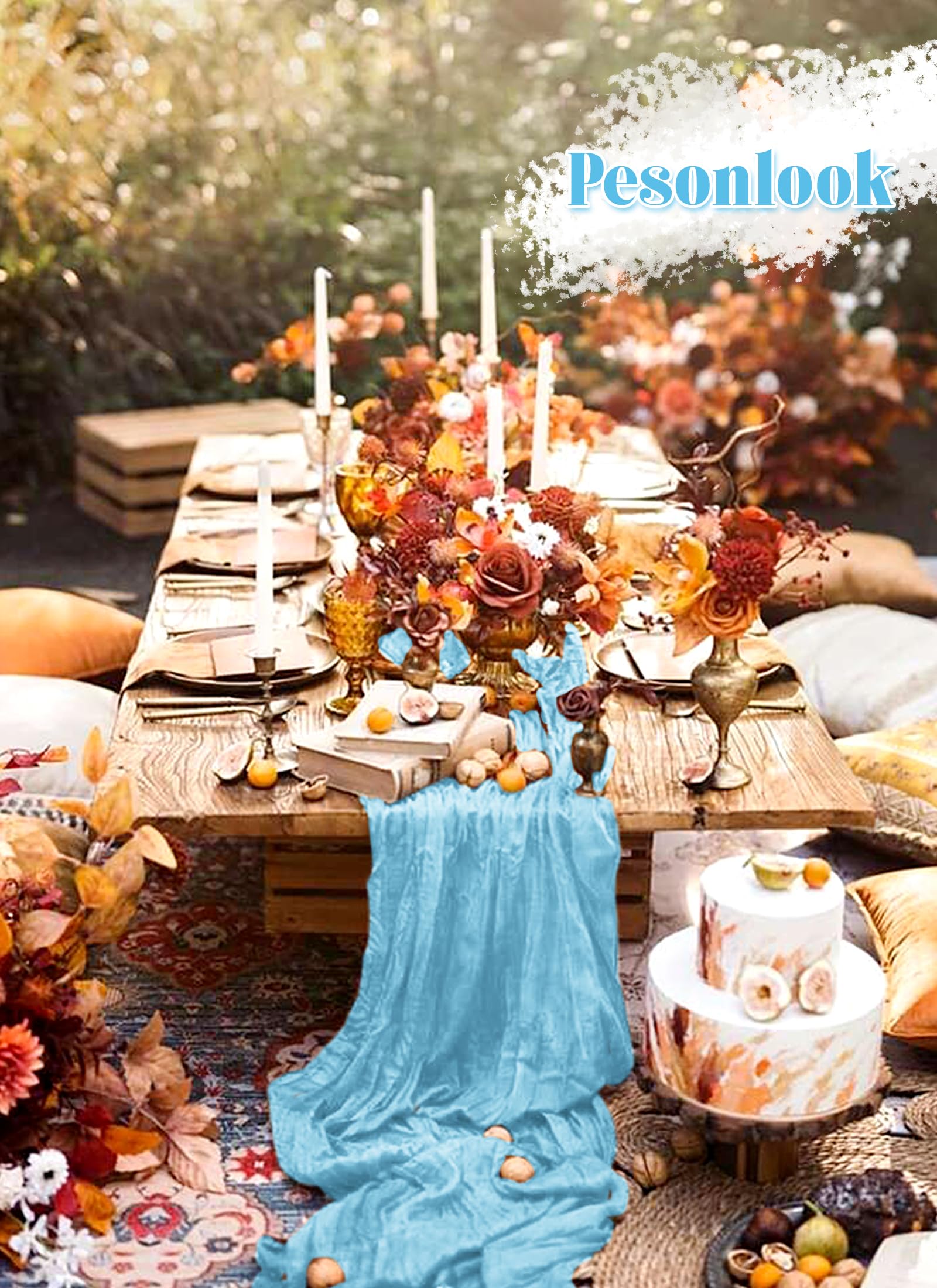 Lot de 12 chemins de table en étamine, style rustique, bohème, semi-transparents pour mariage, anniversaire, fête prénuptiale, 3 m x 304,8 cm, bleu clair