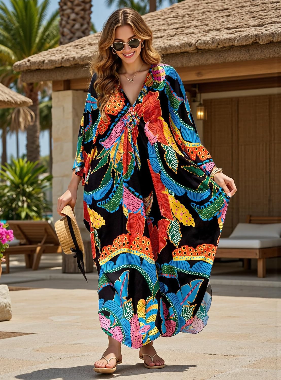 Kaftan Dresses for Women Plus Size Caftan Swimsuit Cover Up, Boho Beach Dress with Batwing Sleeves - Image 4