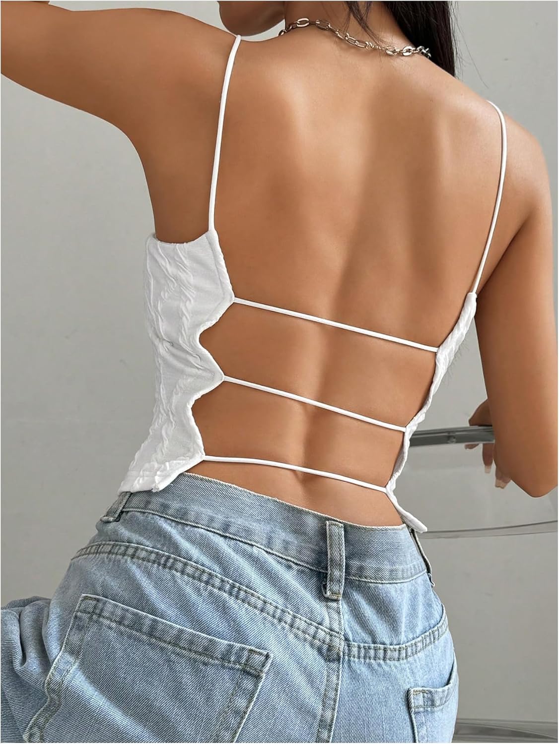 OYOANGLE Women's Textured Backless Cami Crop Top Spaghetti Strap Fitted Camisole Y2K Going Out Tops - Image 4