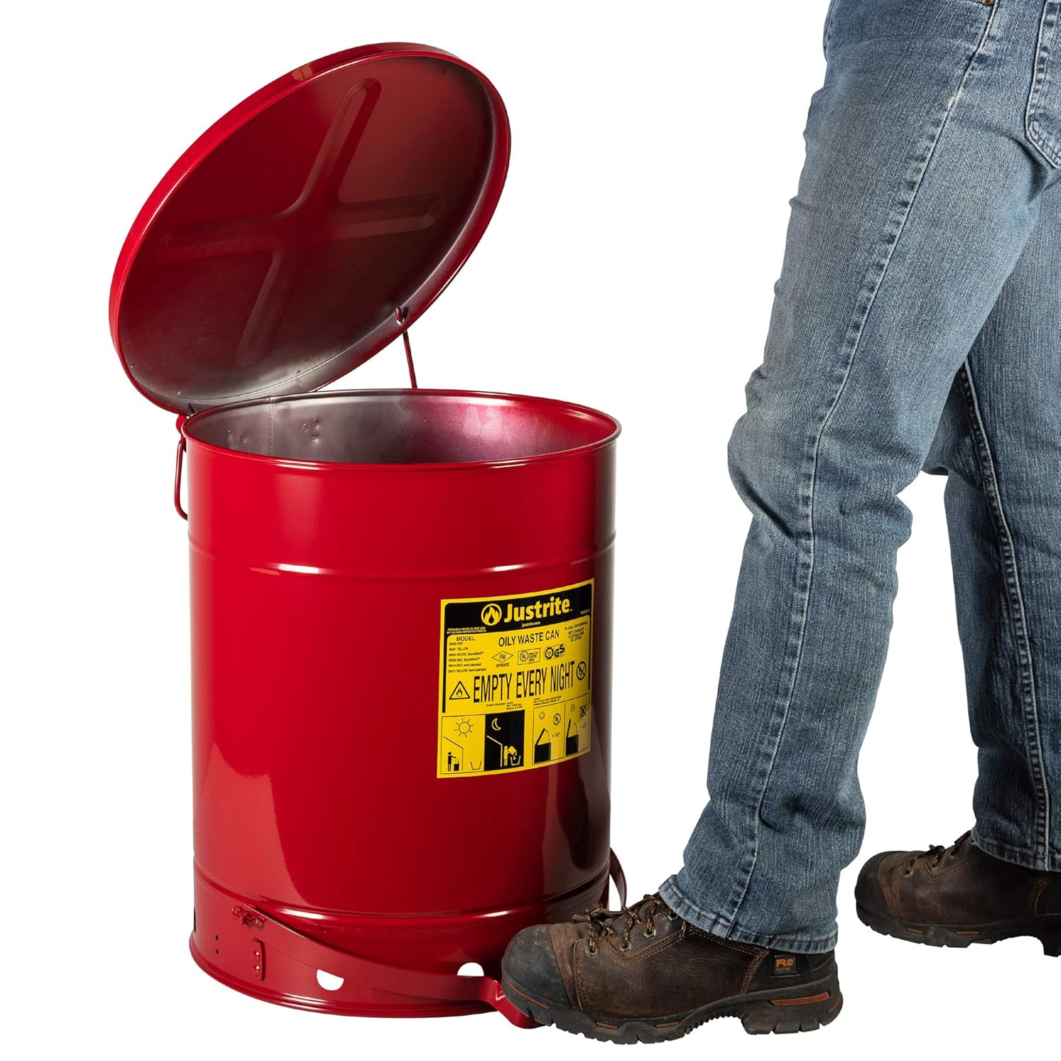 Justrite 9500 Galvanized Steel Oily Waste Safety Can with Foot Lever, 14 Gallons Capacity, Red: Hazardous Storage Cans: Industrial & Scientific