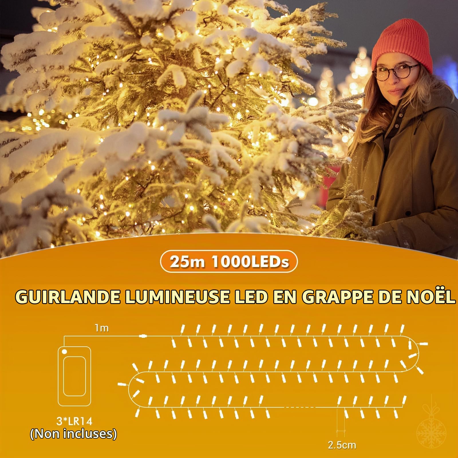 Quntis Guirlande Lumineuse Arbre de Noël LR14 Piles 25M 1000Leds 8 Mode Decorative IP44 Guirlande Lumineuses LED Extérieur Decoration Intérieur Sapin Fête Mariage Jardin-Blanc Chaud