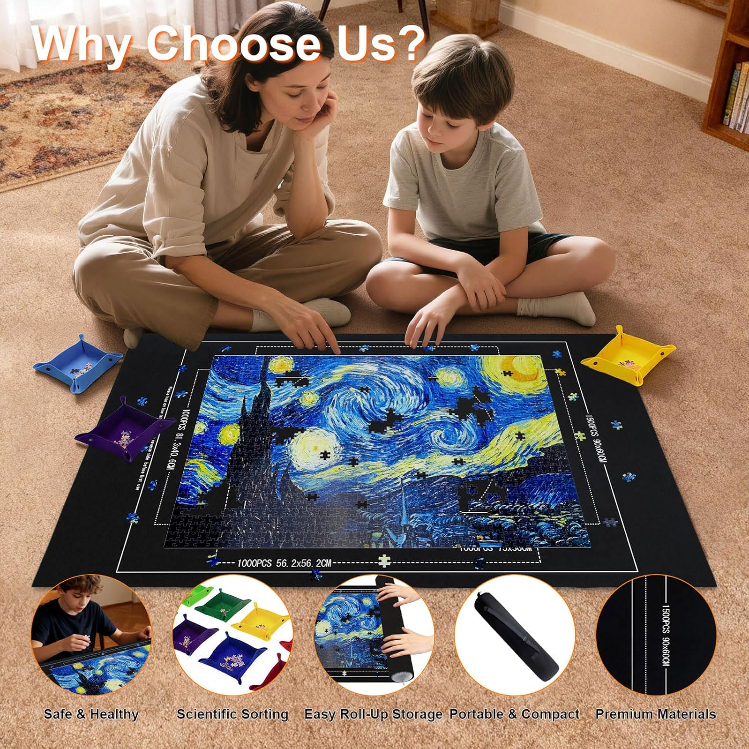 Large Puzzle Roll Up Mat with 8 Sorting Trays & Air Pump System, 46x26 Inch Portable Puzzle Mat for 500 to 1500 Pieces Puzzles, Includes Storage Bag