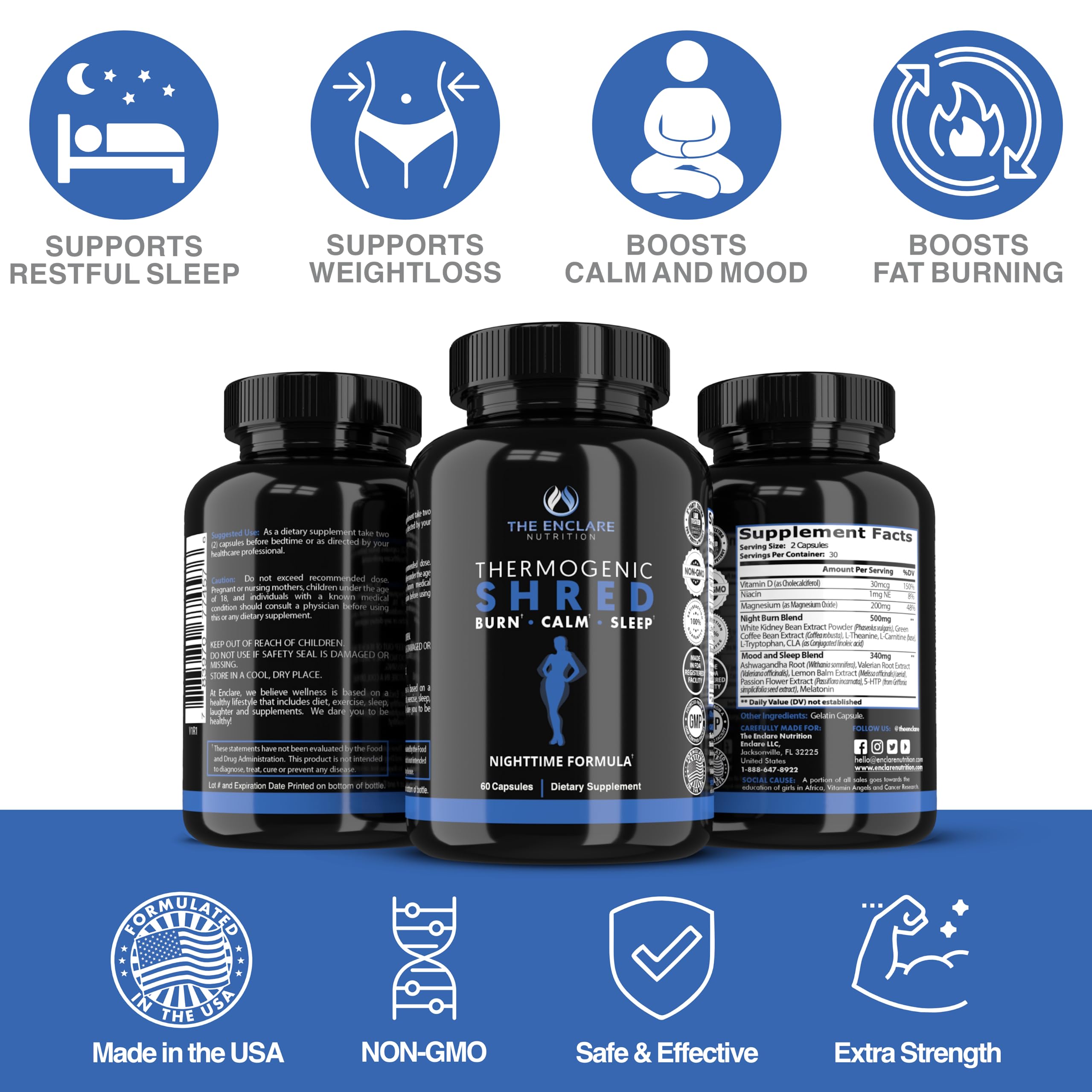ENCLARE Weight Loss Pills for Women & Men - Thermogenic Shred Night Time Fat Burner Supplements, Appetite Suppressant, Overnight Metabolism Booster Belly Fat Sleep Aid with Melatonin, 5-HTP, CLA, 60ct — Amazon image 8