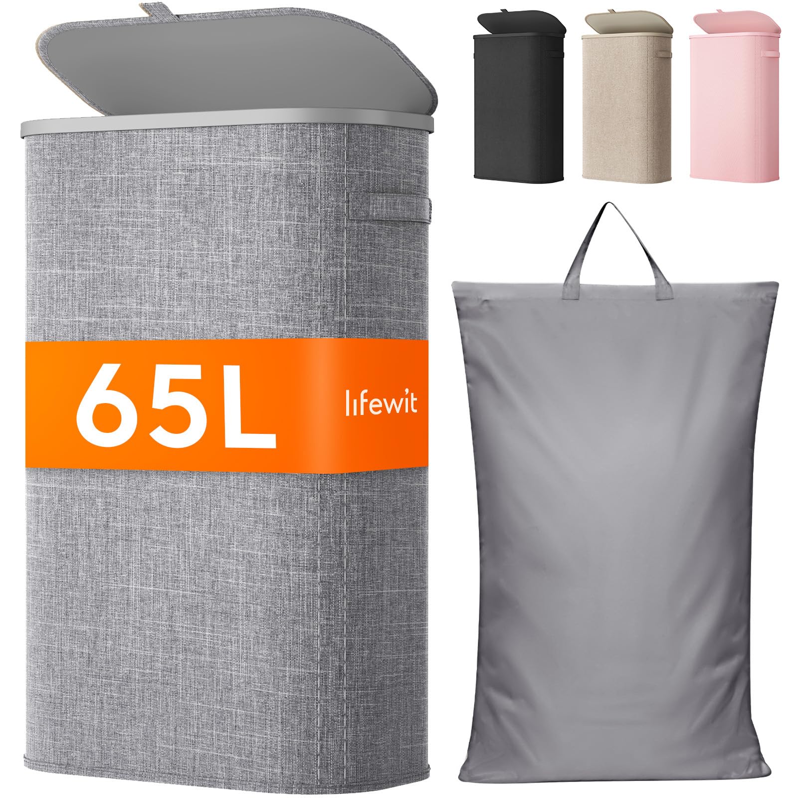 Lifewit 85L Laundry Basket with Lid, Large Laundry Hamper with Plastic Handles and Removable Bag, Foldable Tall Dirty Clothes Hampers for Laundry for Laundry Room, Bedroom, Bathroom, Dorm, Beige — view 42