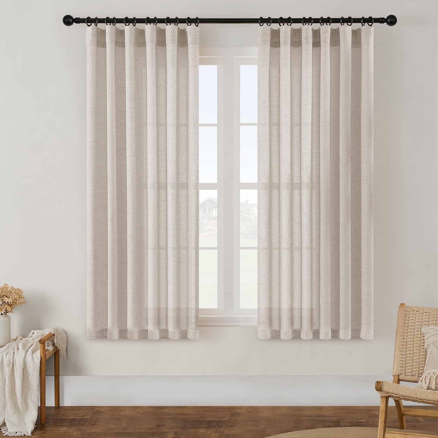 Linen Curtains 63 Inch Length Semi Sheer Flax Linen Textured, Small Drapes for Farmhouse Kitchen Bedroom Apartment, Light Reducing Privacy Curtain Rod Pocket Hook Belt 63 Inches Long 2 Panels Linen 50"W x 63"L (Pack of 2)