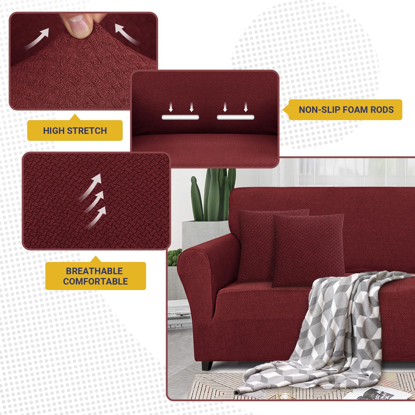 Lydevo Copridivano 3 Posti con Braccioli Fodere per Divano Jacquard Nuovo Spessore Rivestimento per Divano con 2 Copricuscini Universale Divano Protector per Animali,Tattile Jacquard#Claret