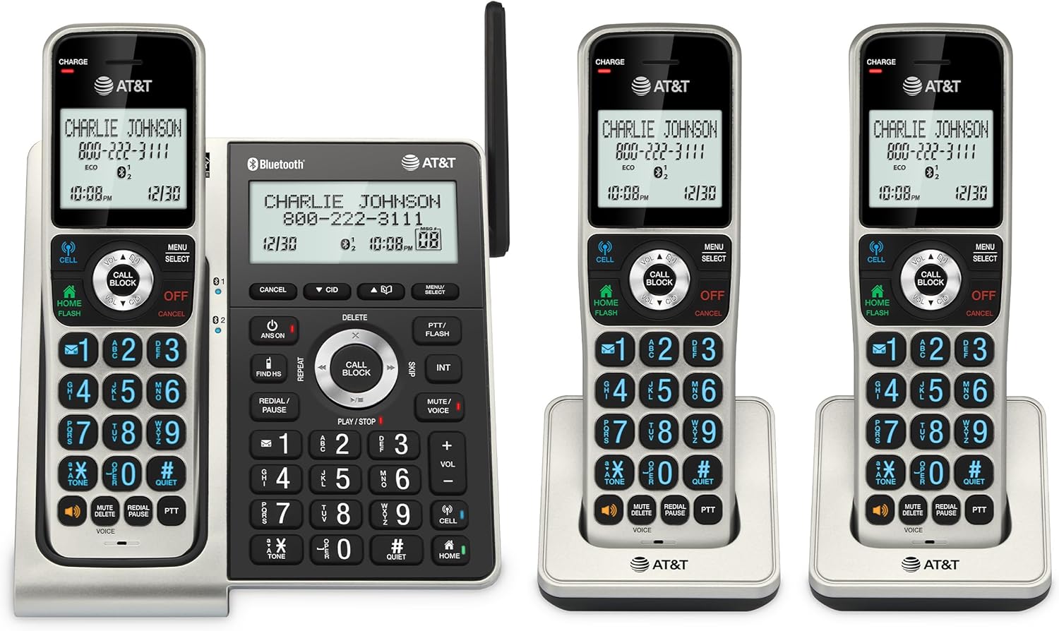 Product image of AT&T BL3107-3 3-Handset DECT 6.0 Cordless Home Phone with Bluetooth, Answering System, Smart Call Blocker, Extended Range, 2" Backlit Screen, Lighted Keypad with Big Buttons, Caller ID & Call logs