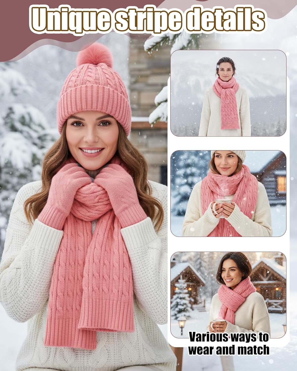 Geyoga 6 Pcs Winter Warm Set for Women Warm Beanies Hats Touchscreen Gloves Long Scarf Ear Muffs Socks Winter Gifts for Women