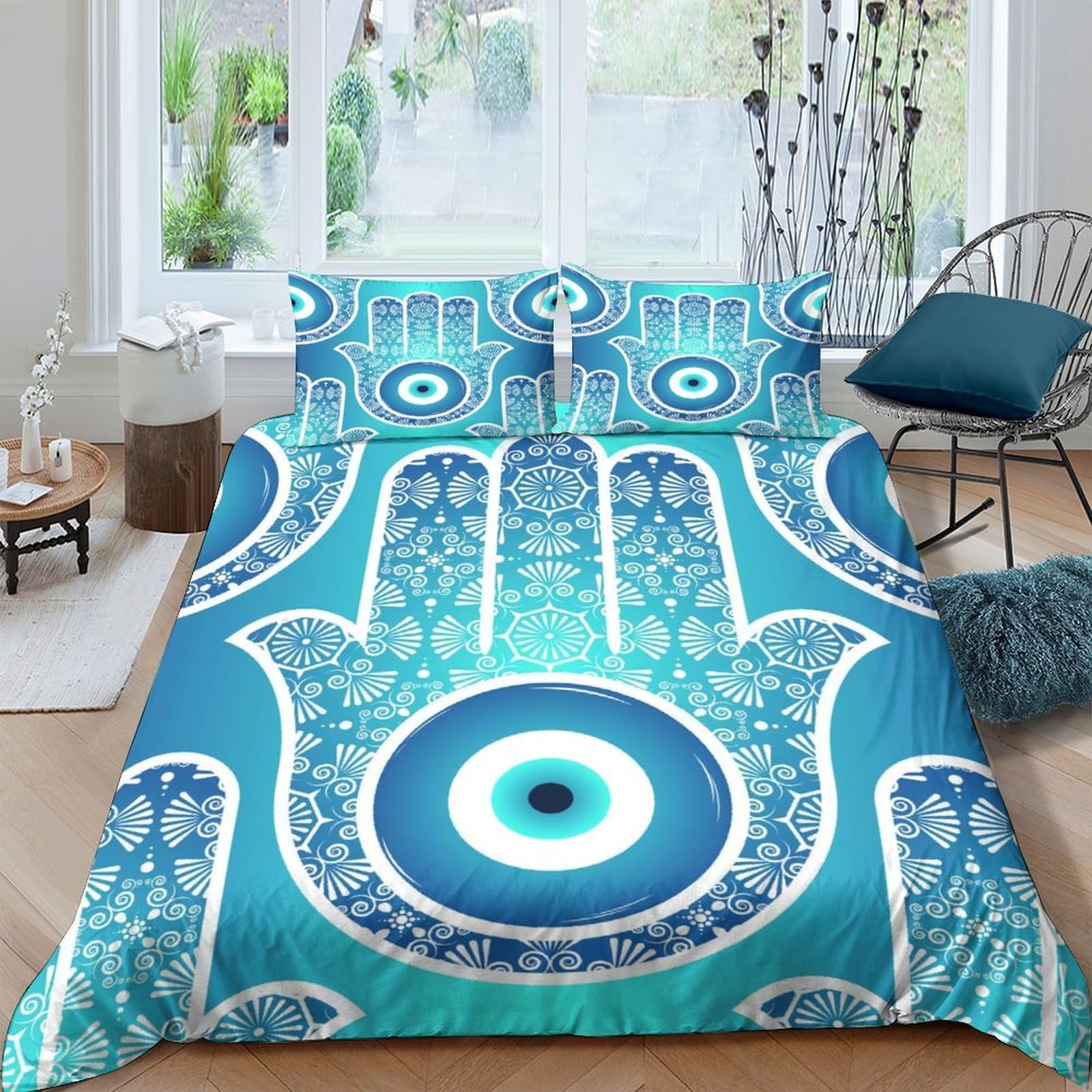 Ctjqhvkz Style-5 3D Printed Blue Hamsa Fitted Sheet Microfiber Soft Breathable Evil Eye Bed Cover For Bedroom Guest Room Decor Single（135X200cm）