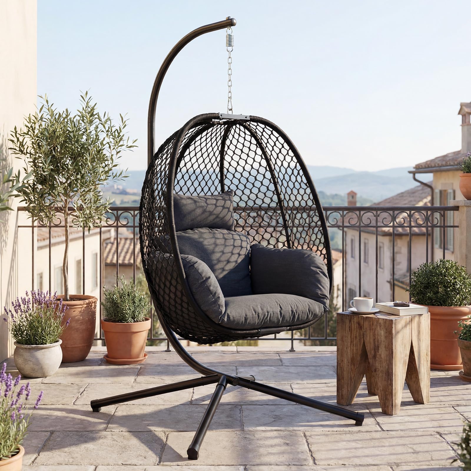 Ya-home Folding Hanging Egg Swing Chair with Metal Stand, Black