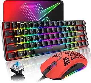 60% Mechanical Gaming Keyboard and Mouse Combo with 18 Chroma RGB Backlight Ergonomic Mini Anti-ghosting 68Key 6400DPI Honeycomb Mice Type-C Wired for PC Mac Gamer Office Typist(Black+Red/Blue Switch)