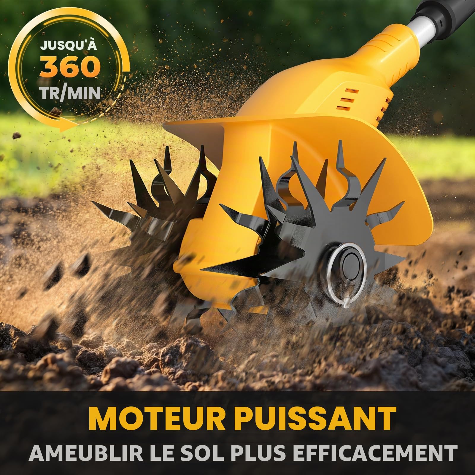 Motobineuse Électrique sans Fil, TREXEEN Bineuse Électrique sans Fil Puissant avec 2 x 3,0 Ah Batteries, 360 TR/Min, Largeur de Travail 20 cm, Profondeur 16 cm, pour Pelouse Jardin Travaux du Sol