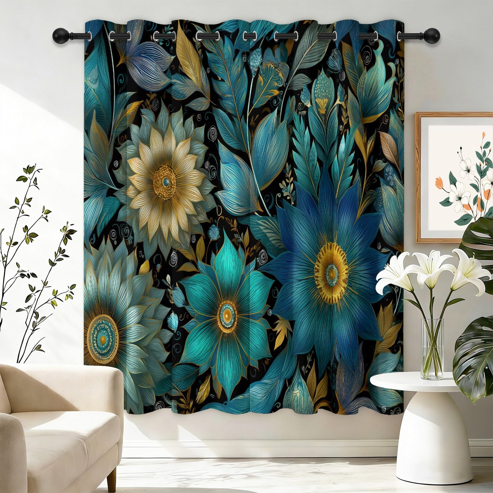 Rideaux occultants pour chambre et salon bleu imprimé fleurs datura