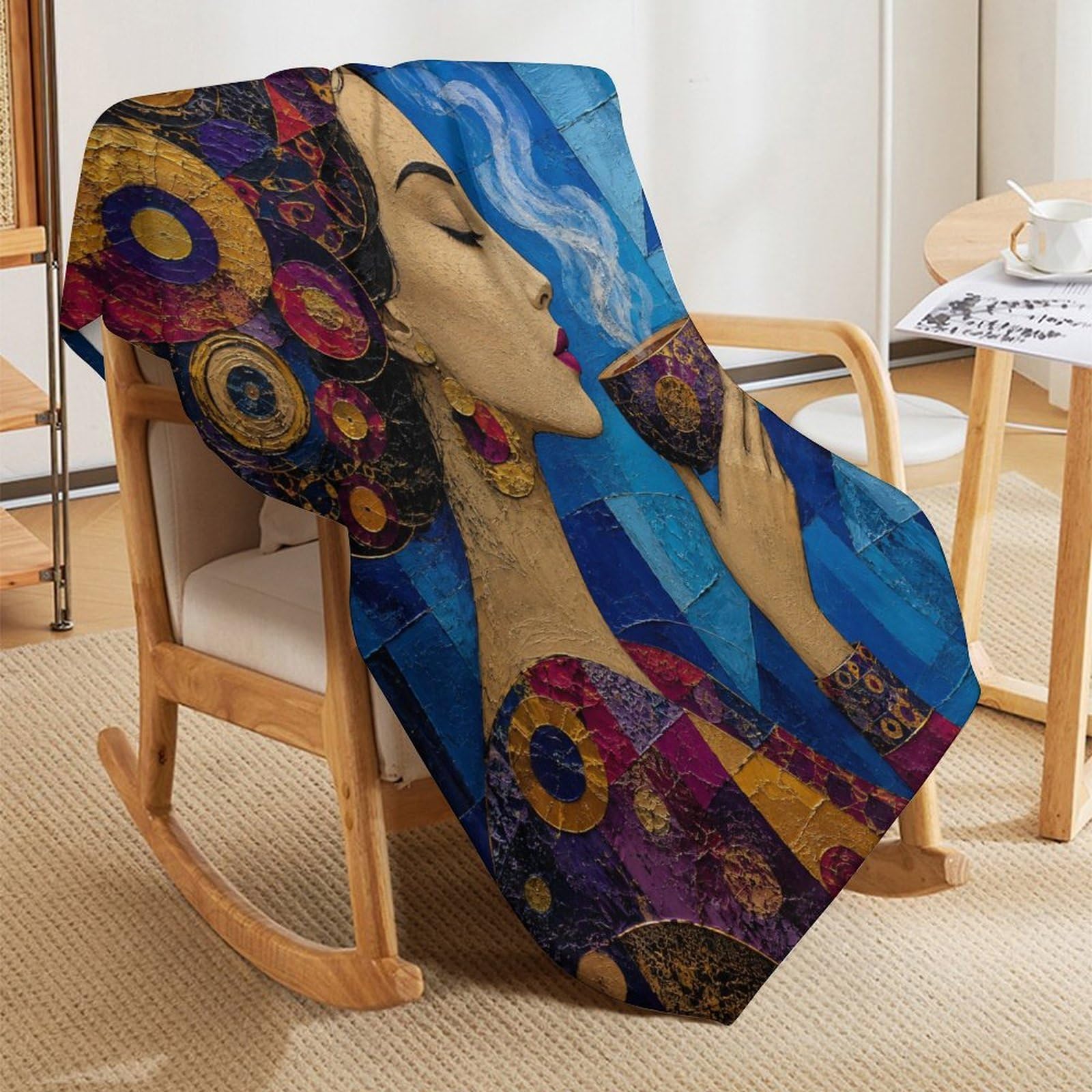 Donna con il velo viola Coperta Mosaico cubista Coperta TV Calda | coperta divano morbida con Arte del mosaico e Tazza da tè blu, per divano, letto, 175x200cm(70x80in)