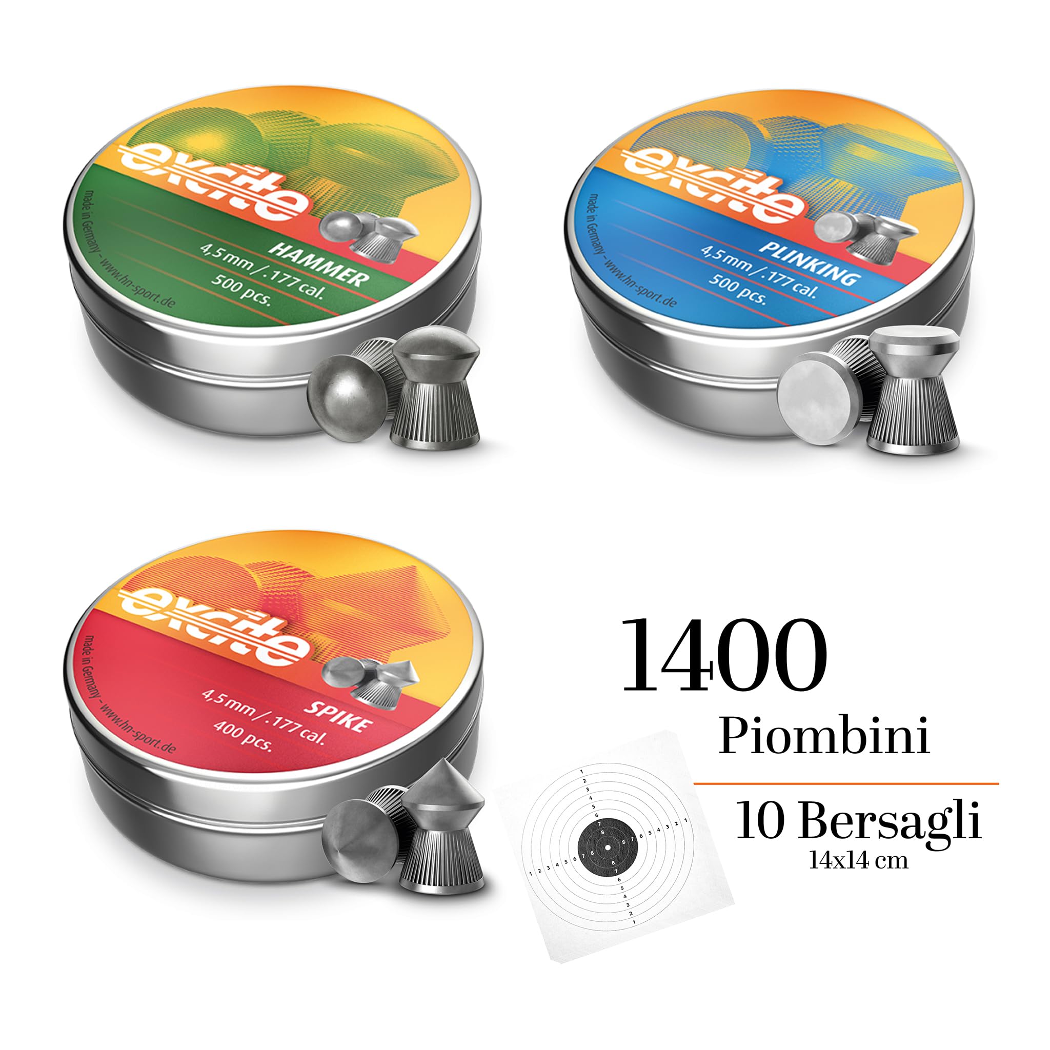 Kit Piombini Softair Cal. 4.5 - Set 3 Scatole HN Hammer, Spike, Plinking + 10 Bersagli 14x14 cm - Pallini Piombo per Carabina e Pistola Aria Compressa, Ideale per Tiro a Segno Sportivo