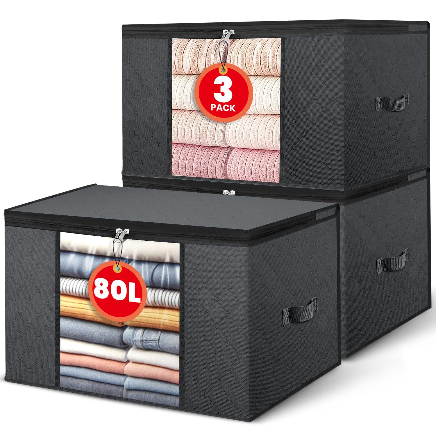 Set da 3 Borse Salvaspazio Pieghevoli 80L – Grigio Scuro – Tessuto a 3 Strati con Finestra Trasparente – per Vestiti, Coperte, Letto, Armadio