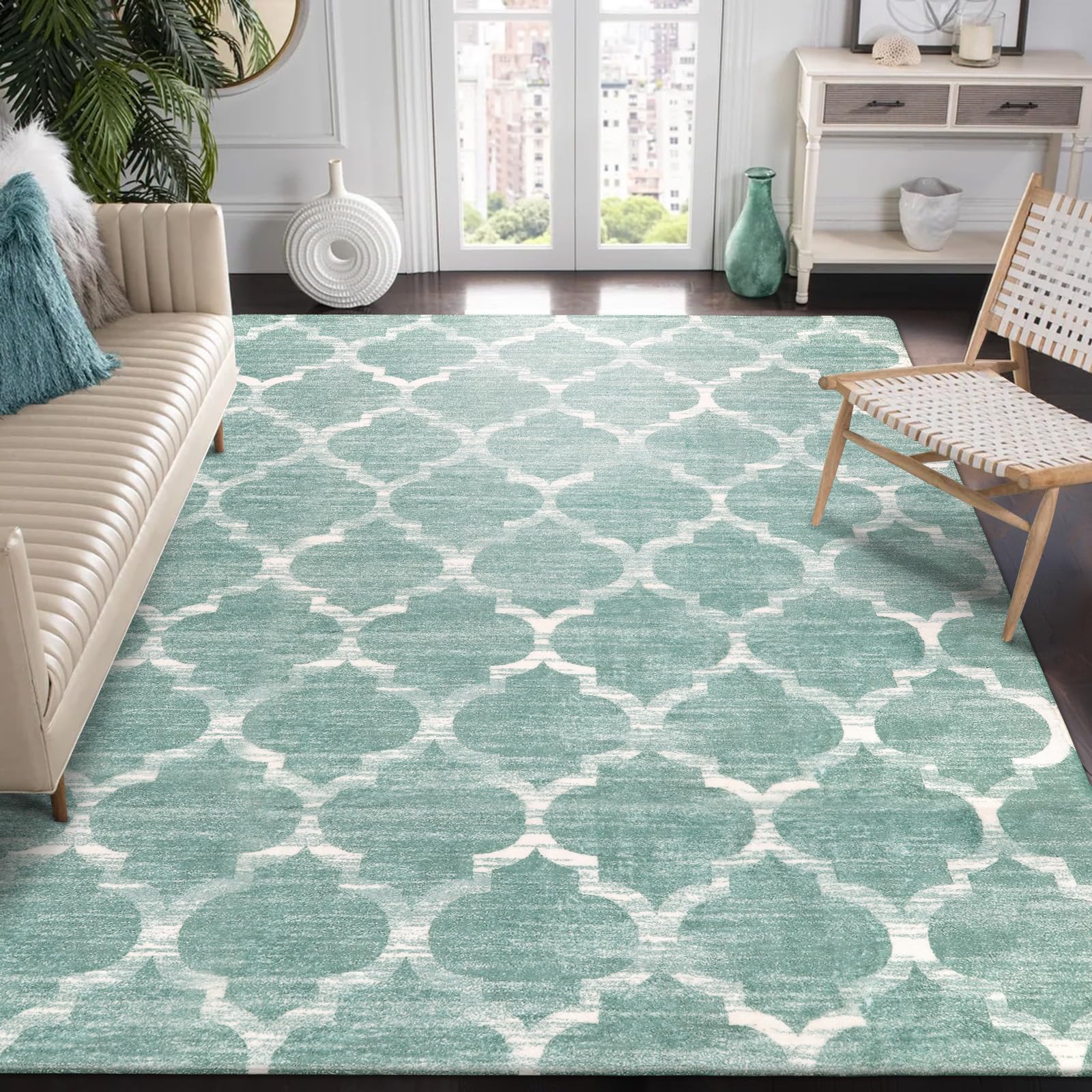 Lahome Moroccan Carpets for Living Room - Washable Rugs 5x7 Non-Slip Lightweight Soft Bedroom Rugs Throw Low-Pile Large Area Rug for Dining Room, Sage Print Distressed Rug for Office Kitchen Entryway