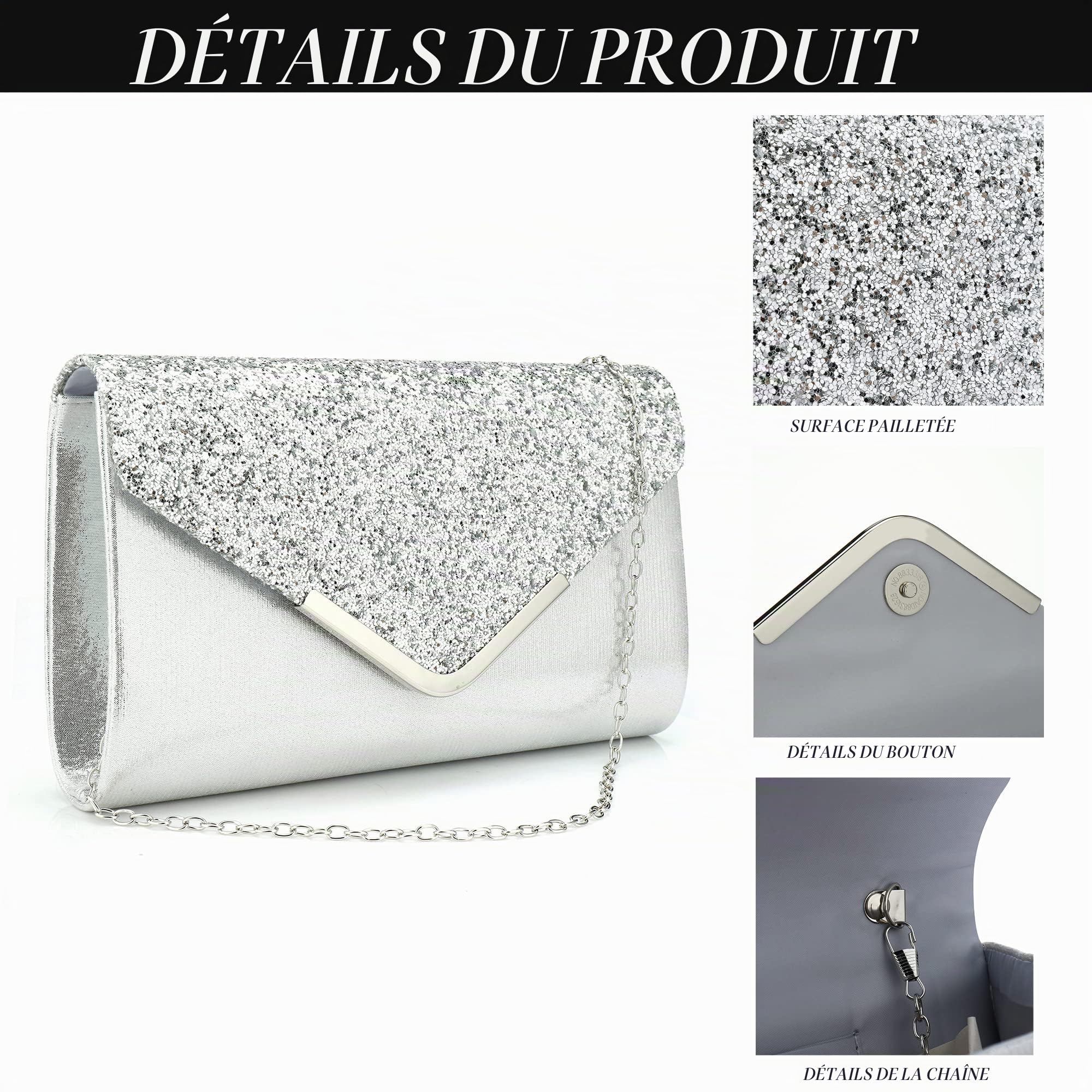 Milky Way Pochette Enveloppe Soirée Sac à Main Mariage En Paillettes Brillan Bandouliere Chic Et Elegant Clutch Argenté Avec Chaîne pour Femme