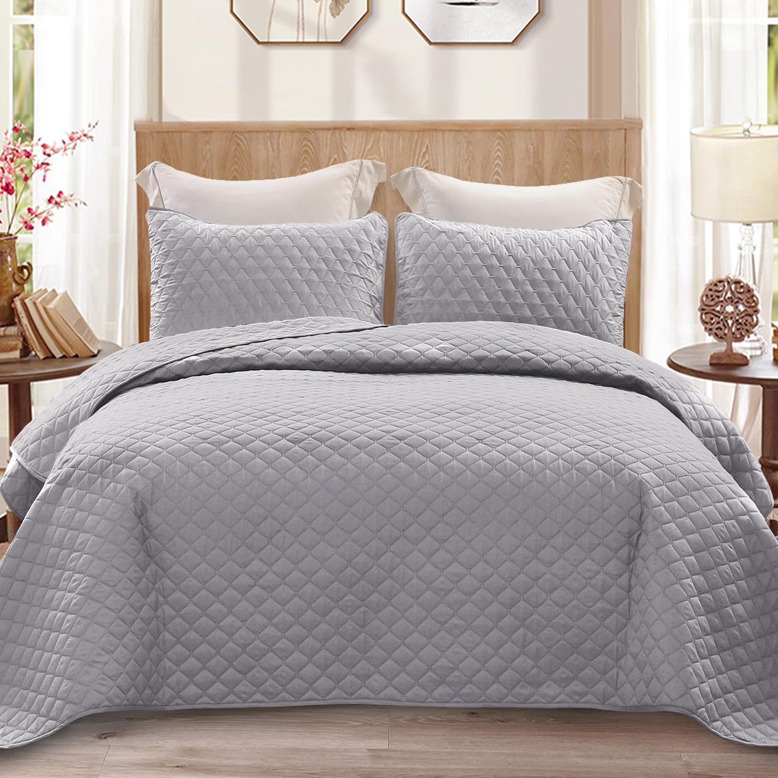 Exclusivo Mezcla Reversible Single Quilt Bedding Set with Pillow Sham, Lightweight Quilts Single Size, Soft Bedspreads Bed Coverlets for All Seasons - Light Grey