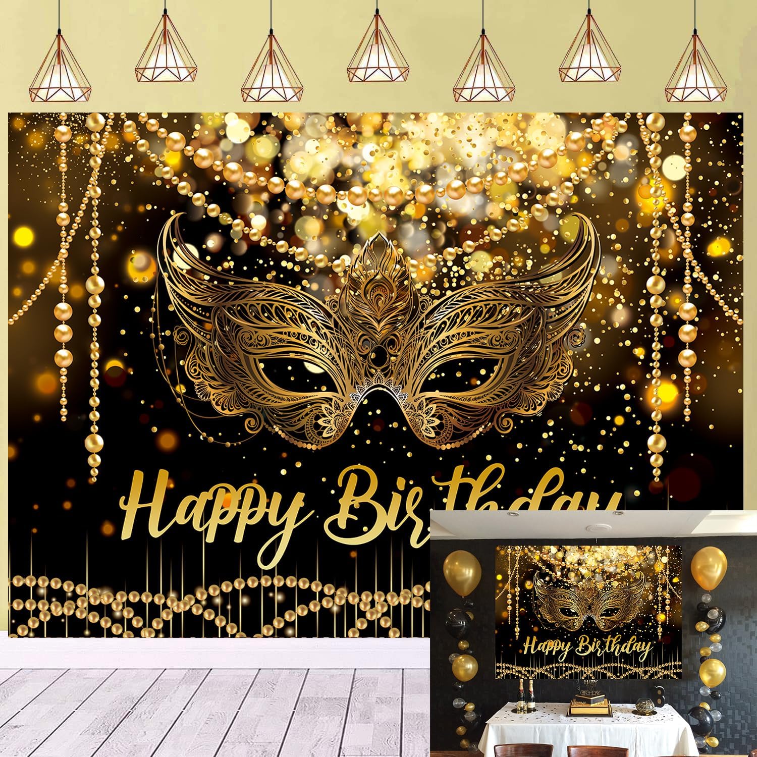 7X5FT Black and Gold Glitter Happy Birthday Backdrop Masquerade Mask Party Decorations Supplies Banner Masquerade Theme Carnival Dancing Photography Background