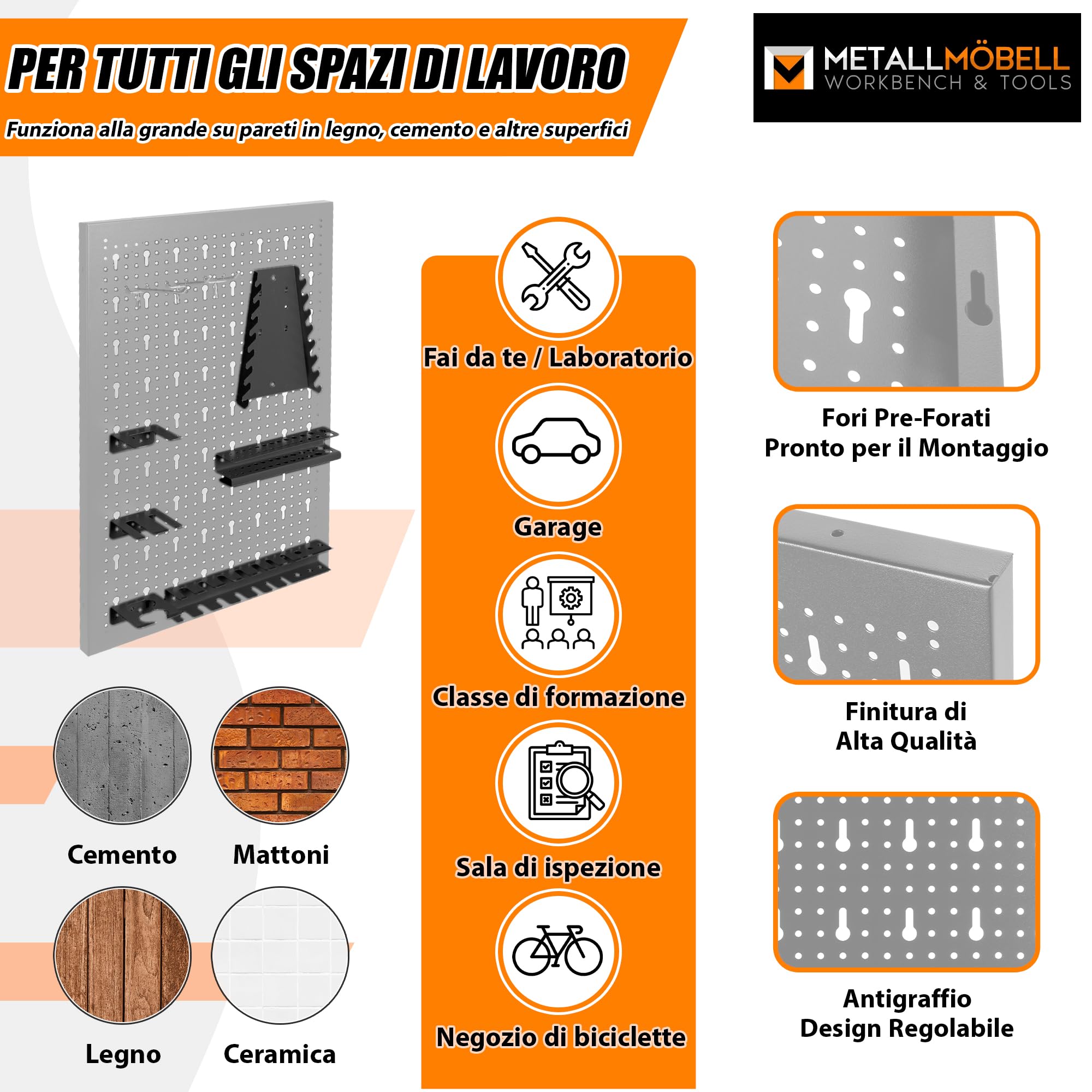 METALLMOBELL - Pannello Porta Attrezzi da Parete 160x60x2cm, 4 Pannelli Forati, Ganci e Staffe, Parete Attrezzata, Pannelli da Parete per Attrezzi da Lavoro, Pannello Forato Portautensili HPTH01G