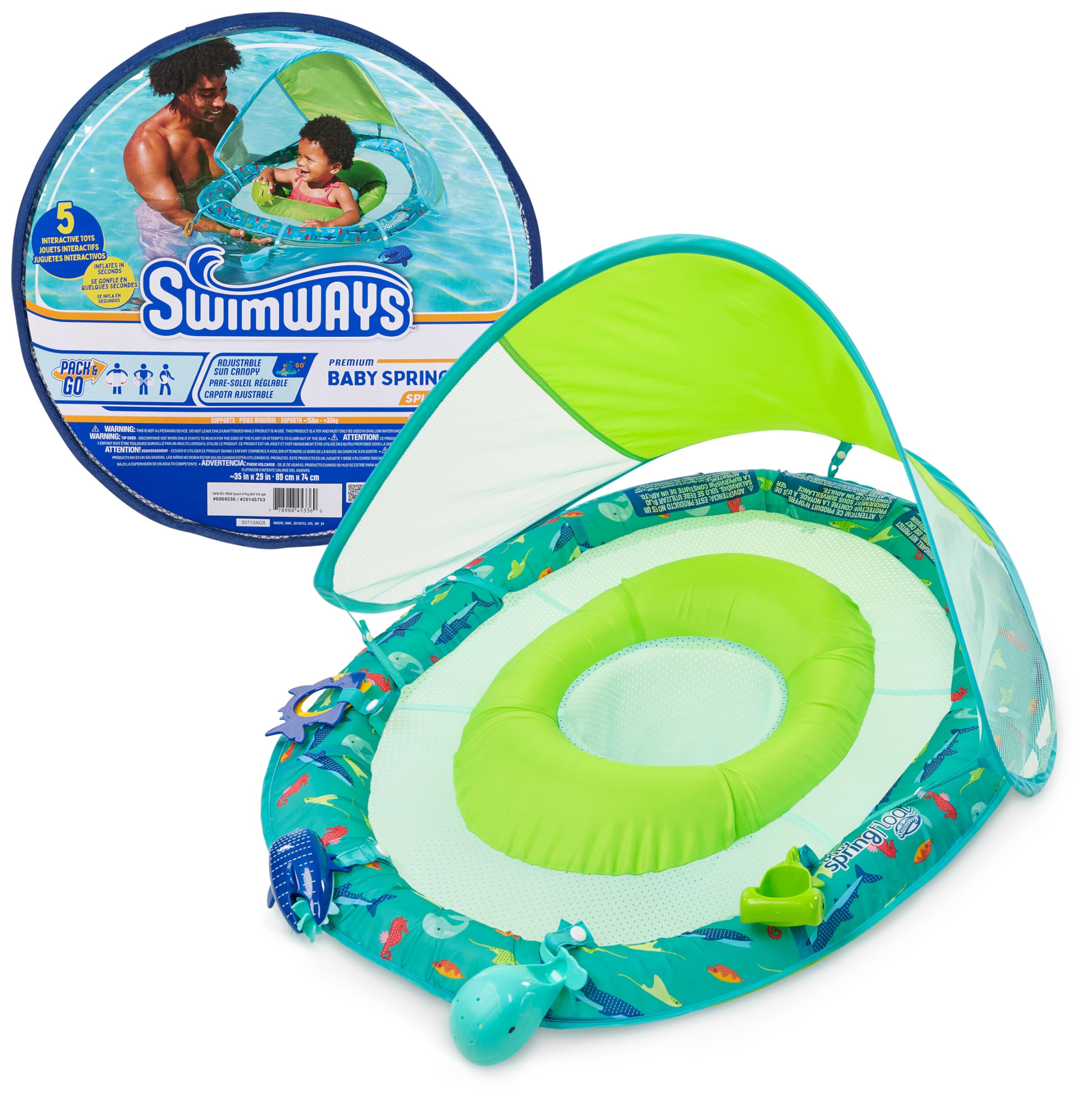 SwimWays Baby Spring Float Splash N Play, Baby Pool Float with Canopy & UPF Protection, Swimming Pool Accessories for Kids 9-24 Months
