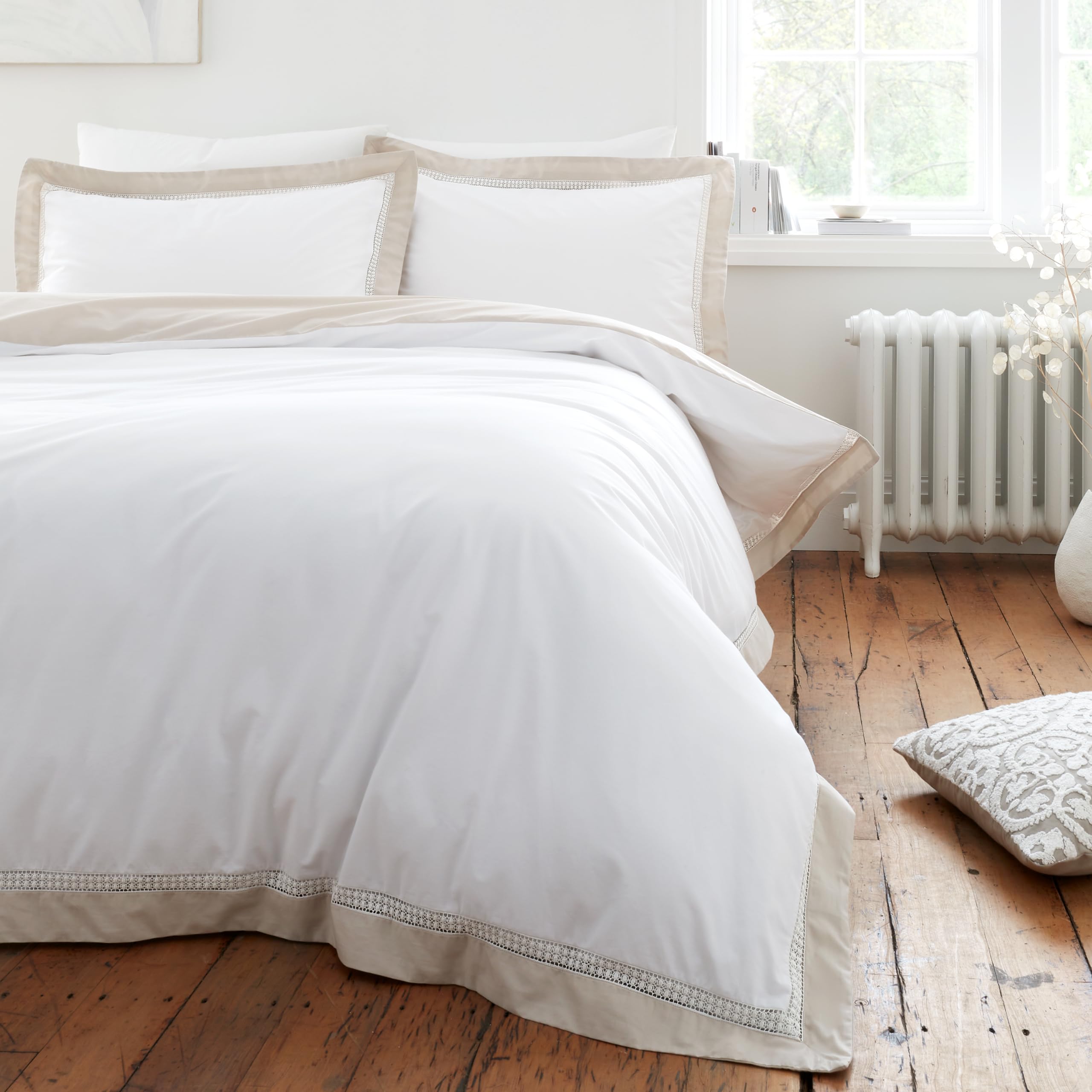 Bianca Oxford Lace 200 Thread Count Cotton King Duvet Cover Set with Pillowcases White Natural โ image 1