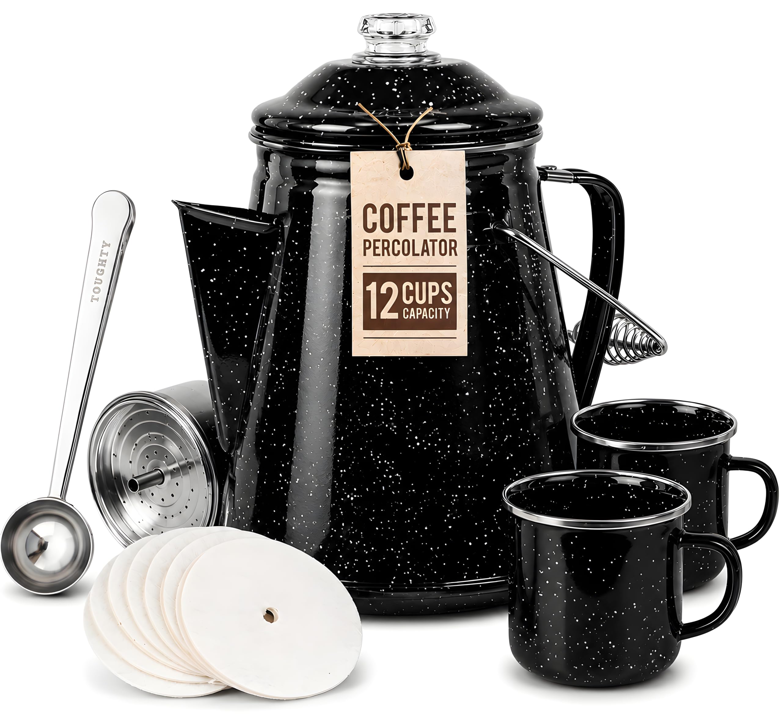 Outdoor Cooking Gear & Recipes 6 Toughty 12 Cup Enamel Coffee Percolator, Camping Stovetop Coffee Pot, Black White Speckled on Black