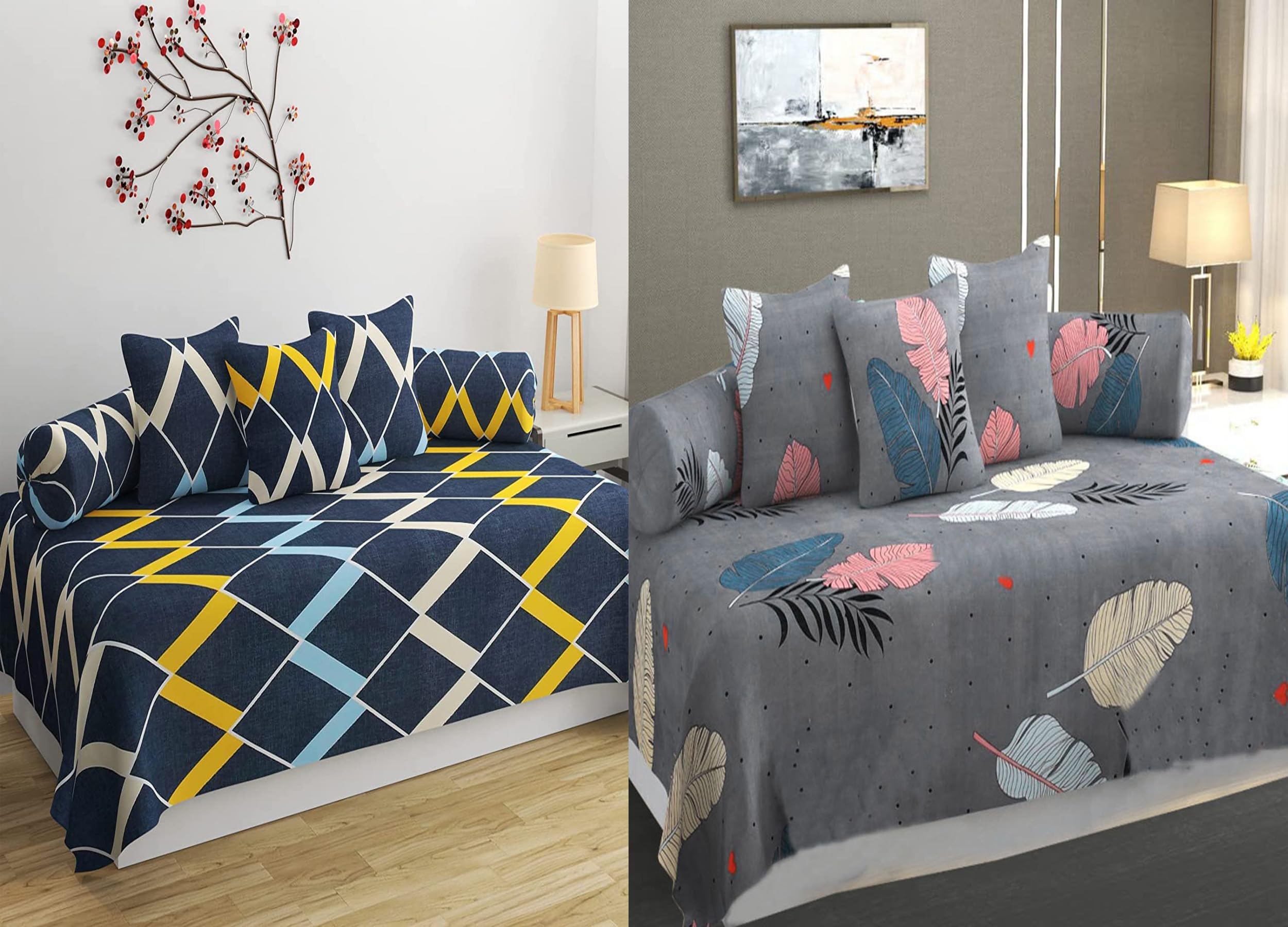 IVAZA Premium Floral Printed Glace Cotton 6 Piece diwan Set Combo -(2 diwan bedsheet, 10 Cushion Covers, 4 Bolster Covers, Grey & Blue weavs-image-23