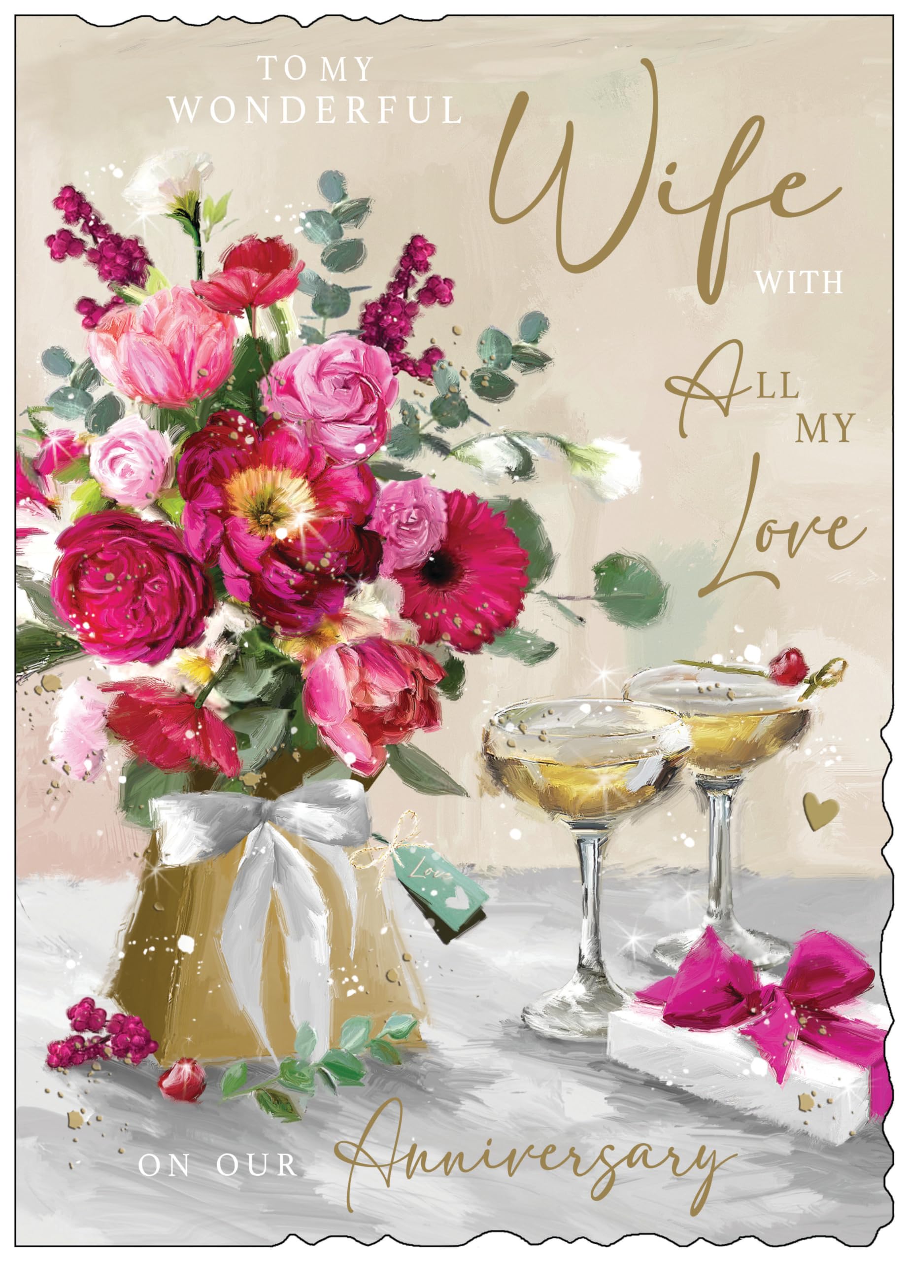 Jonny Javelin Anniversary Card for Wife - Romantic Floral Bouquet & Champagne Design - Embossed Foil Finish - Large Premium Greeting Card with Envelope