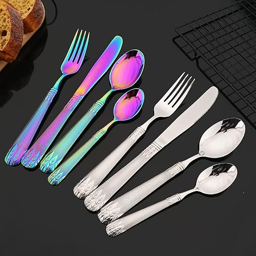 Miniatura 4 de JASHII Rainbow - Juego de 16 cubiertos martillados de acero inoxidable 304 para 4, con orejas de trigo con mango plano en relieve, pulido espejo,